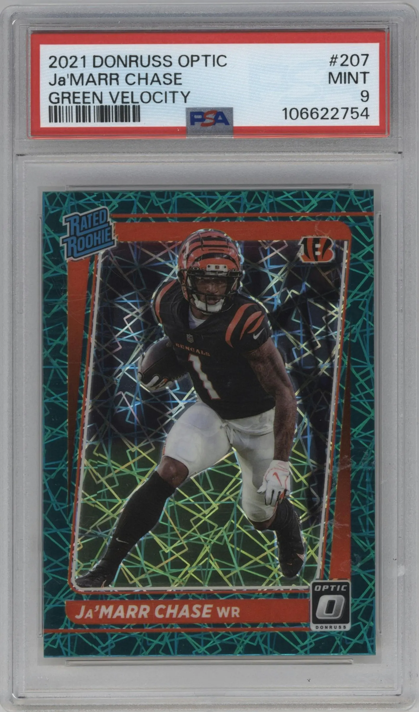 2021 Panini Donruss Optic Rated Rookie Ja'Marr Chase Green Velocity #207 PSA 9