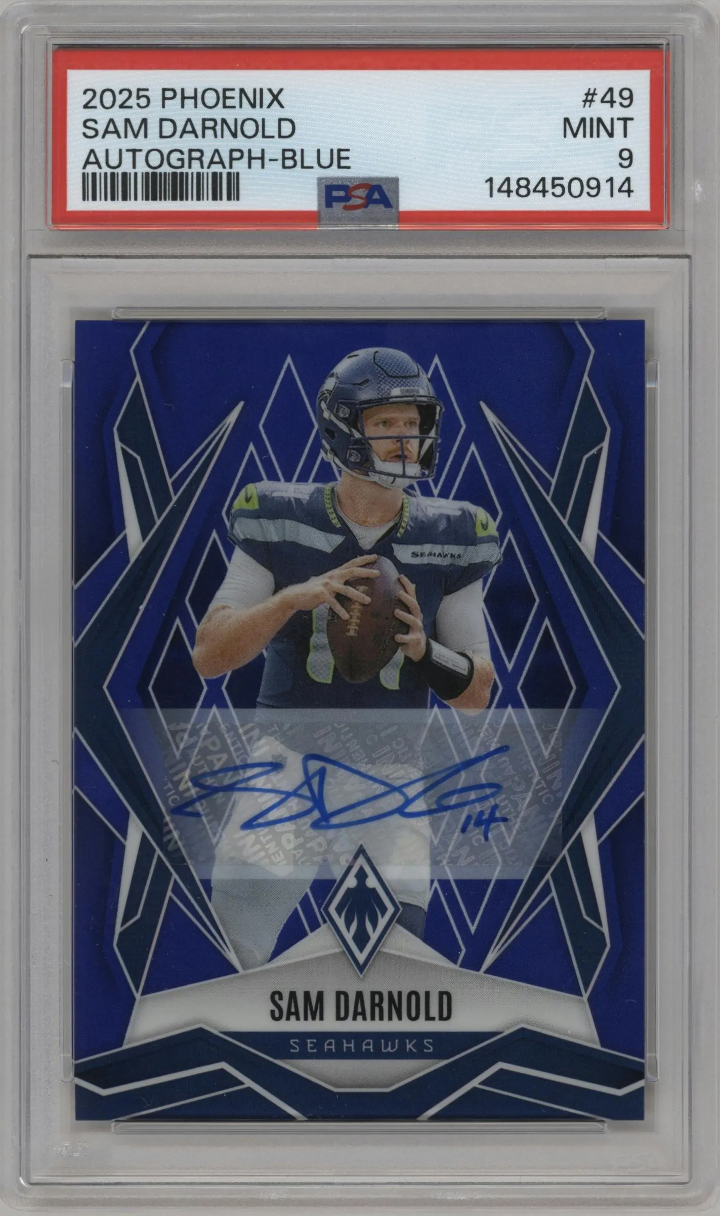 2025 Panini Phoenix Auto Sam Darnold Blue #49 PSA 9