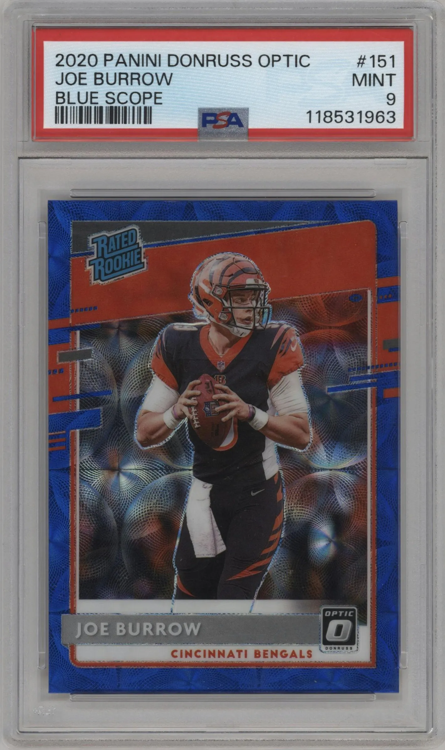 2020 Panini Donruss Optic Rated Rookie Joe Burrow Blue Scope PSA 9