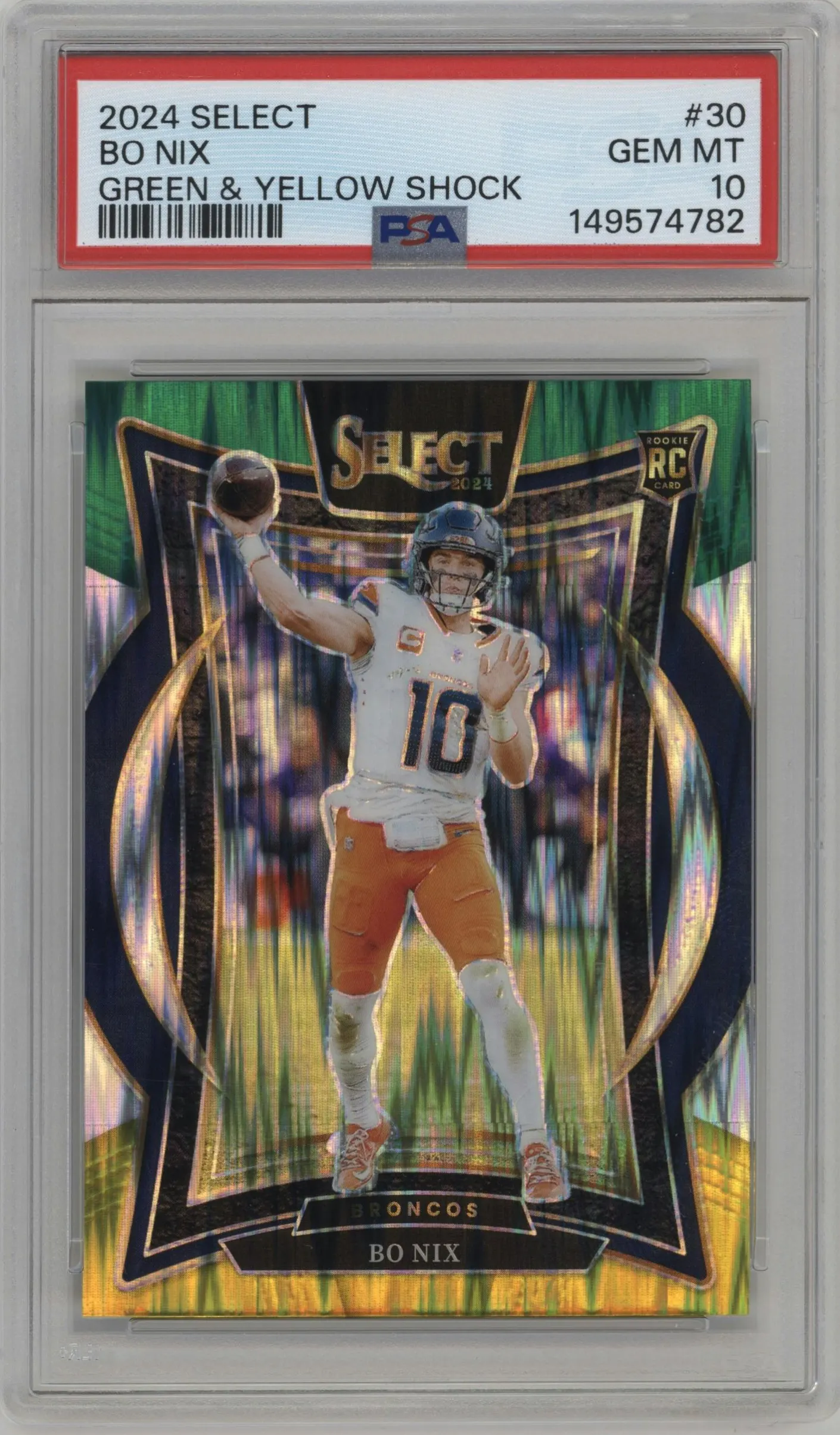 2024 Panini Select Bo Nix Green/Yellow Shock #30 PSA 10
