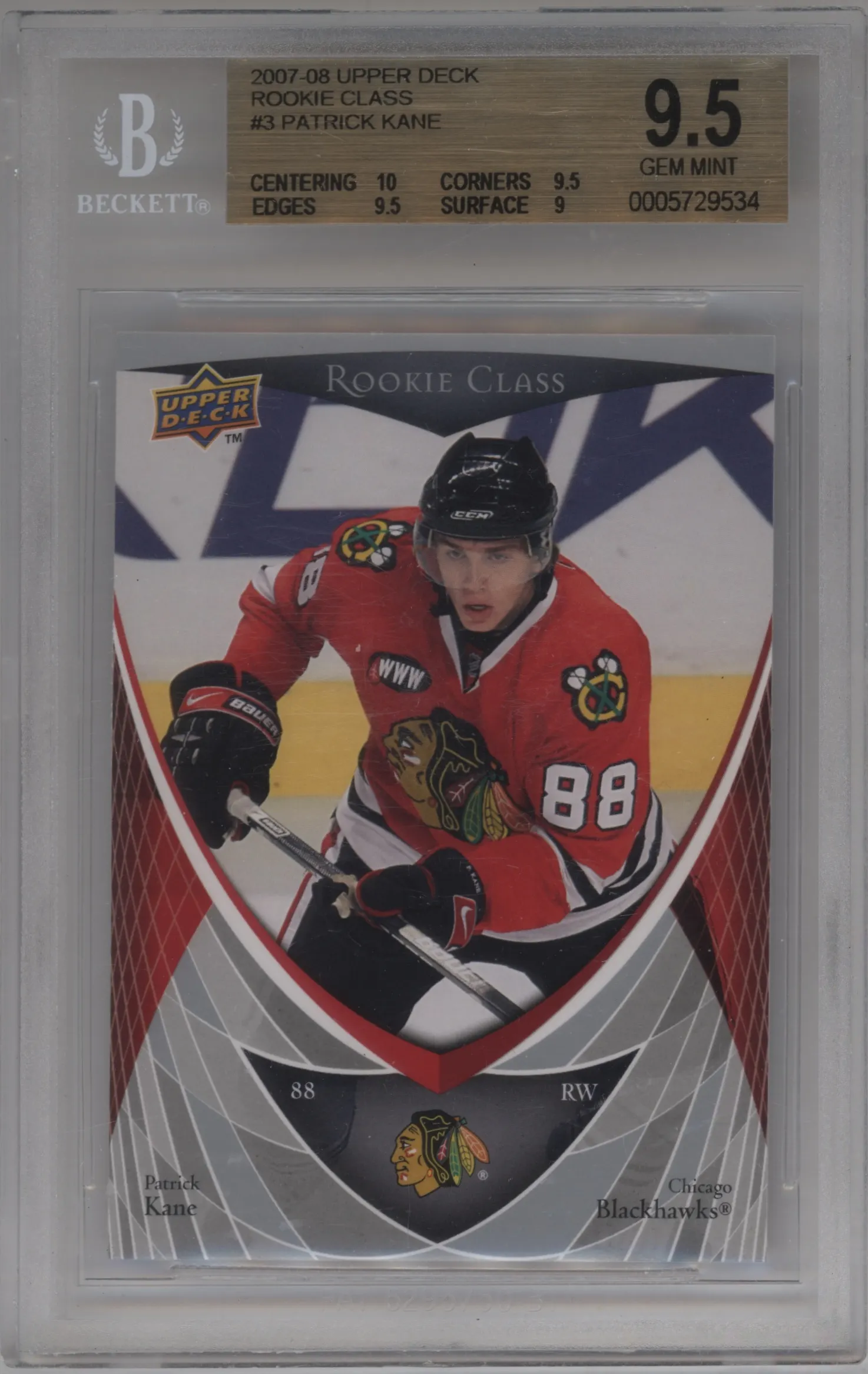 2007 Upper Deck Rookie Class Box Set Patrick Kane #3 BGS 9.5