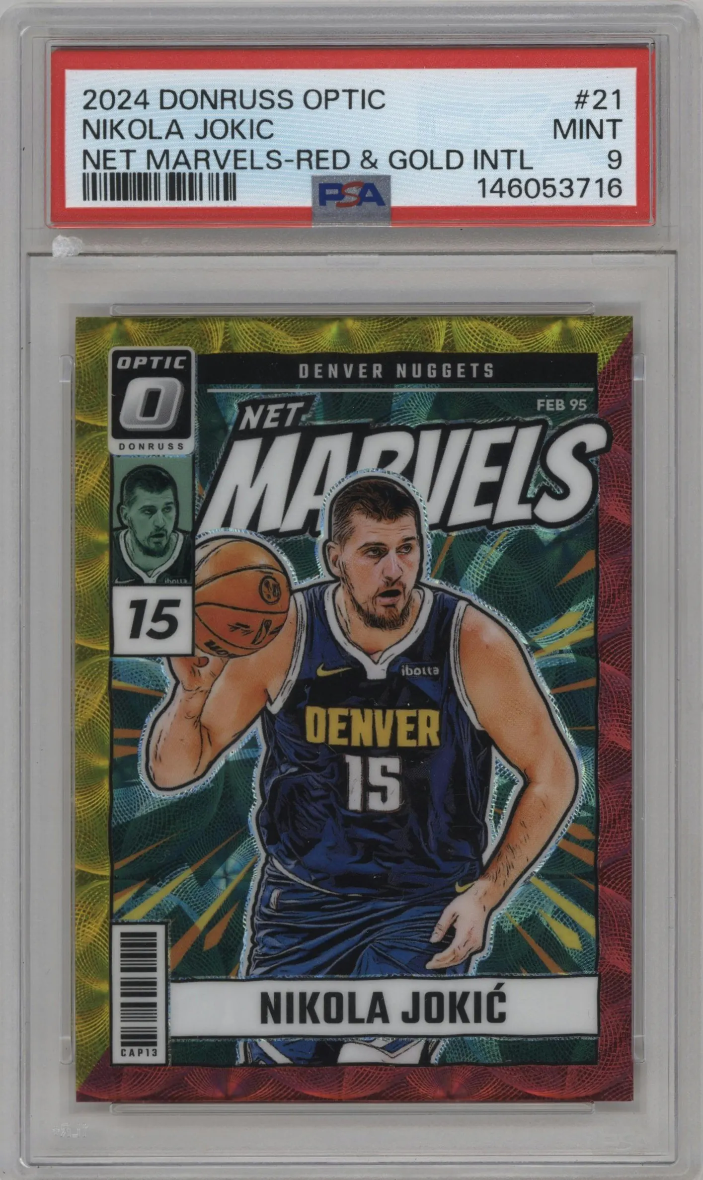 2024 Donruss Optic Net Marvels Nikola Jokic Red and Gold International #21 PSA 9