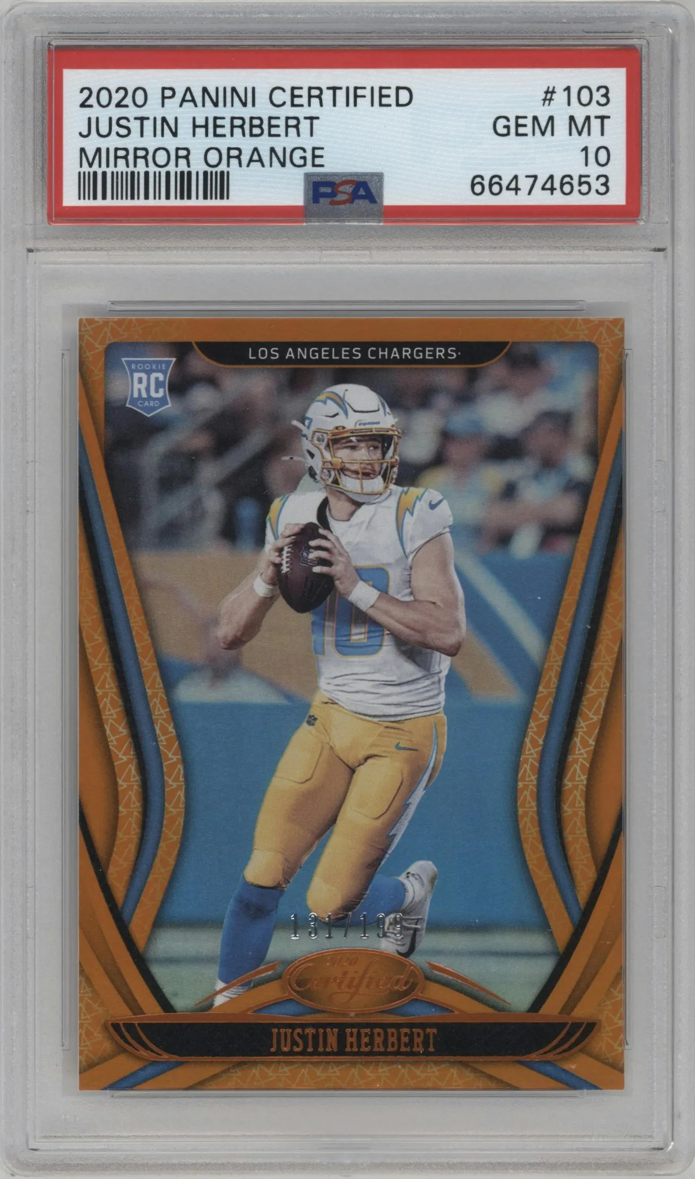 2020 Panini Certified Justin Herbert Mirror Orange #103 PSA 10