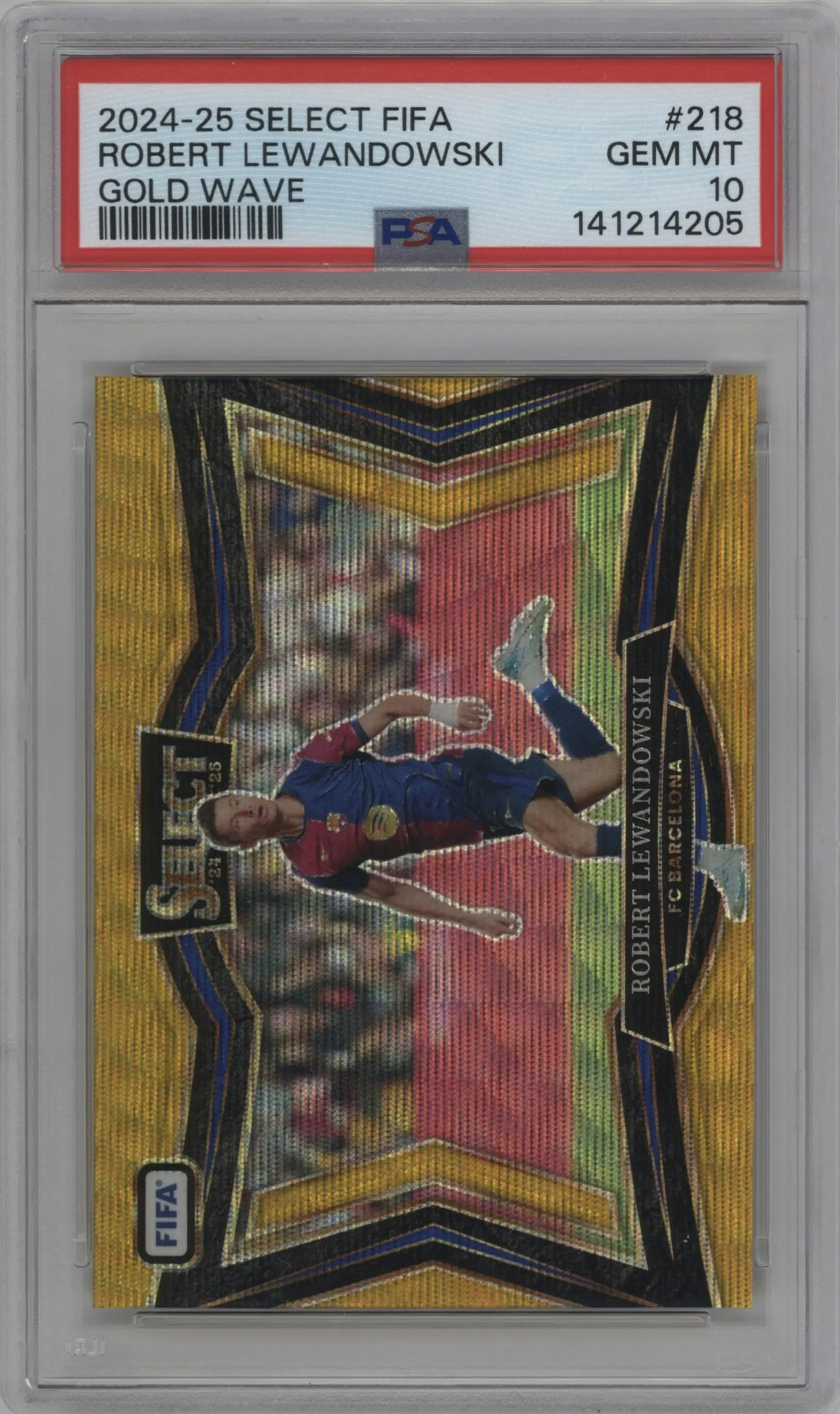2024 Panini Select FIFA Field Lvl. Robert Lewandowski Gold Wave #218 PSA 10