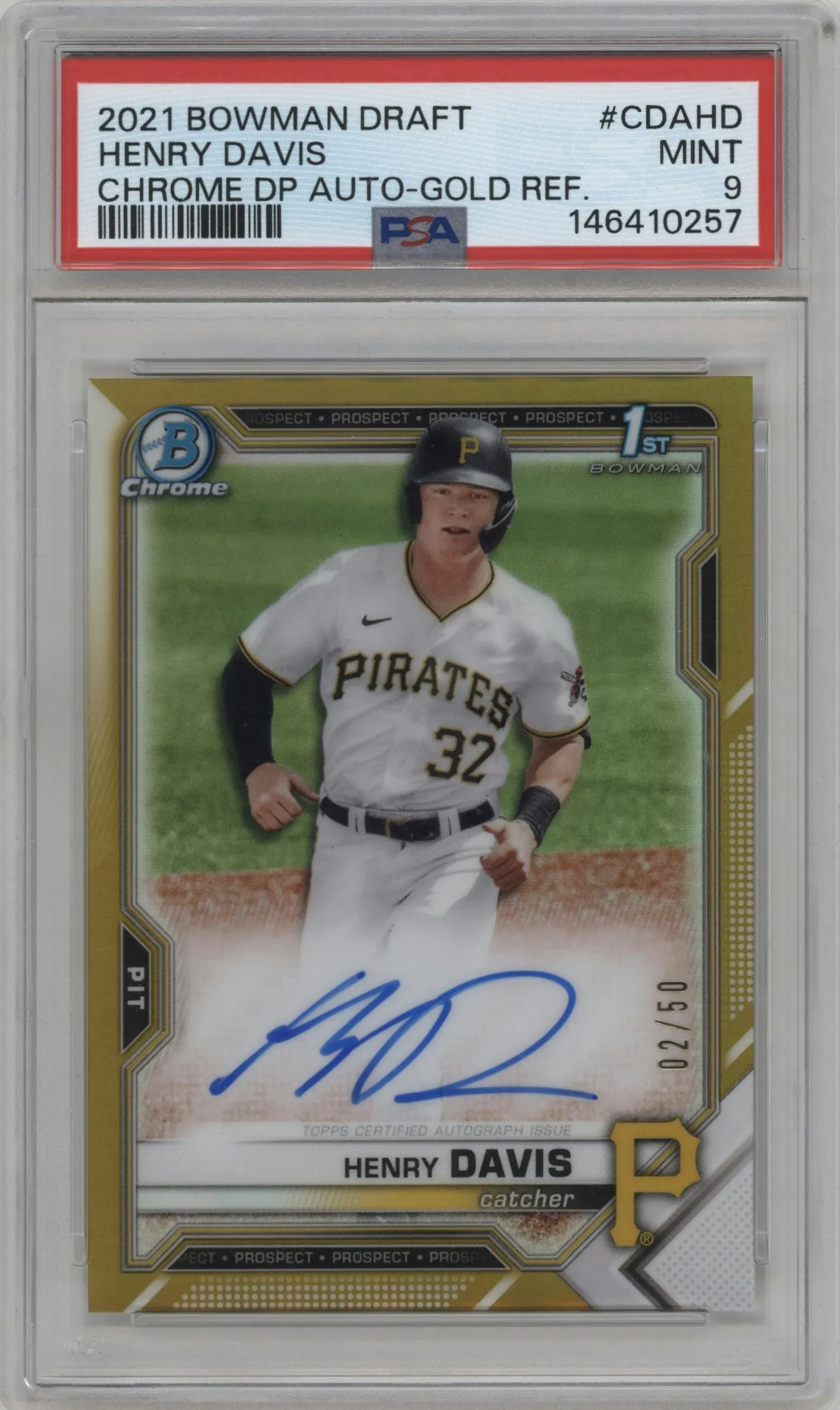 2021 Bowman Draft Chr.DP Auto Henry Davis Gold Refractor #CDA-HD PSA 9