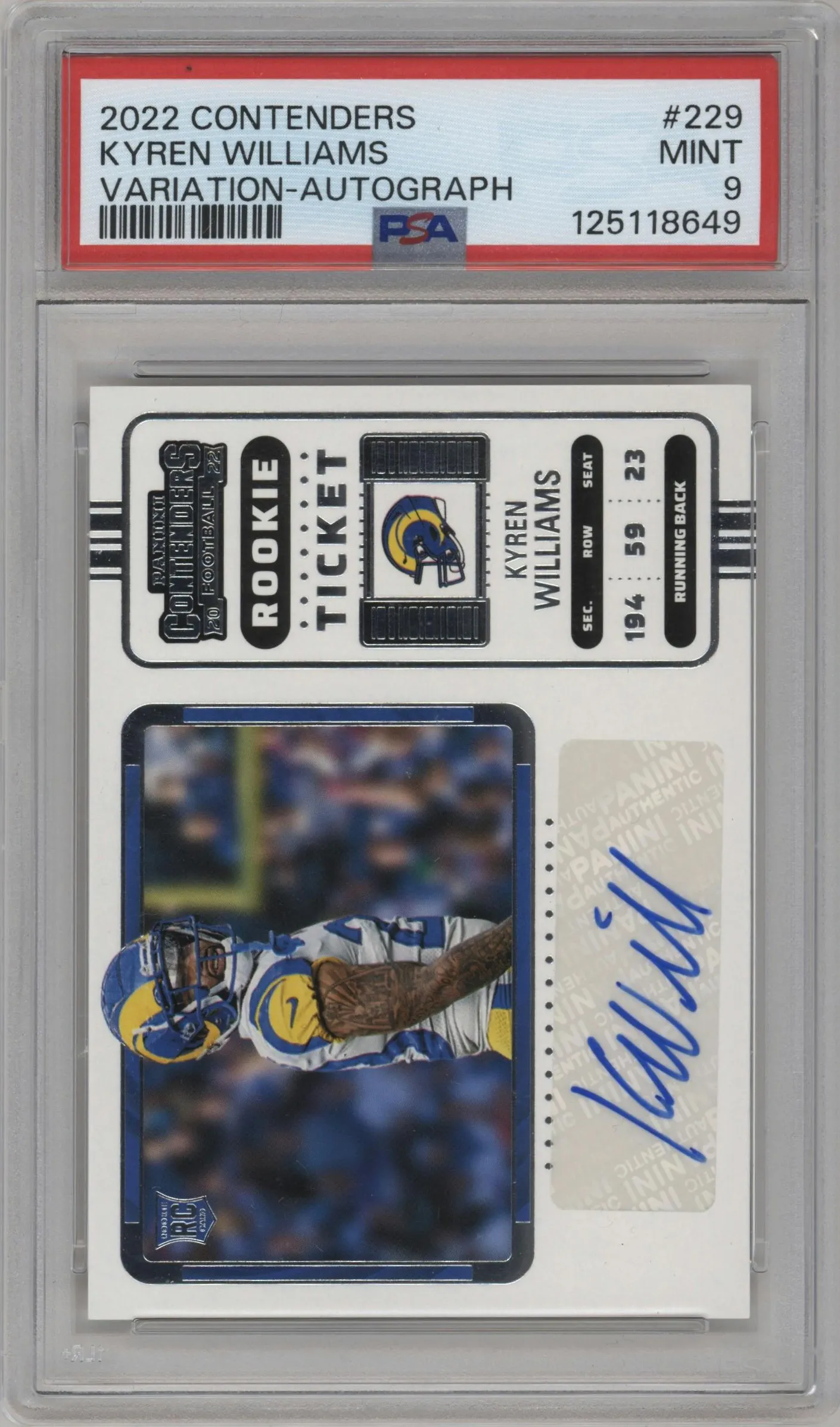 2022 Panini Contenders Rke.Tkt.Var.Hor. Kyren Williams #229 PSA 9