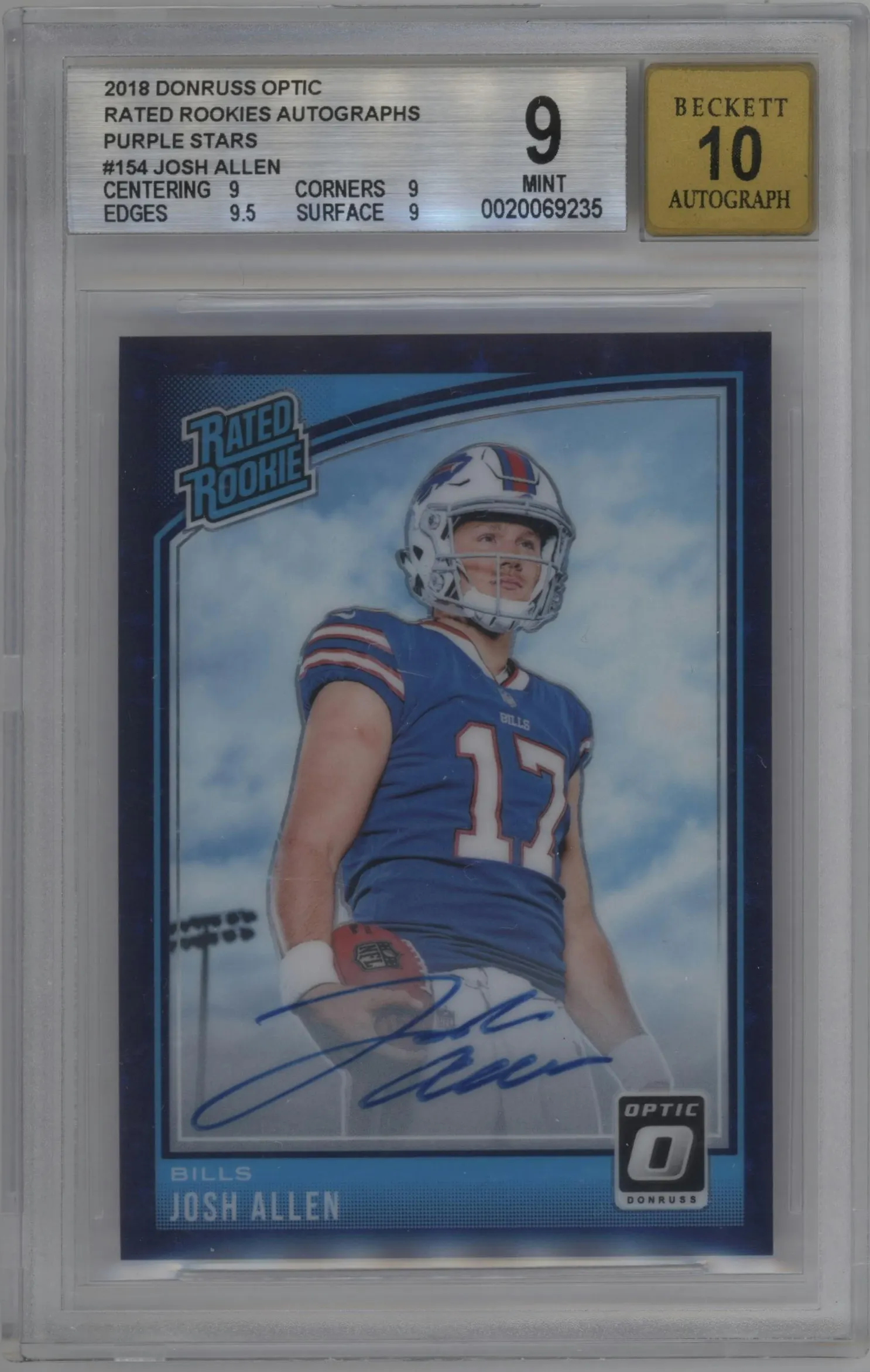 2018 Panini Donruss Optic Rtd.Rke.Auto Josh Allen Purple Stars FOTL #154 BGS 9