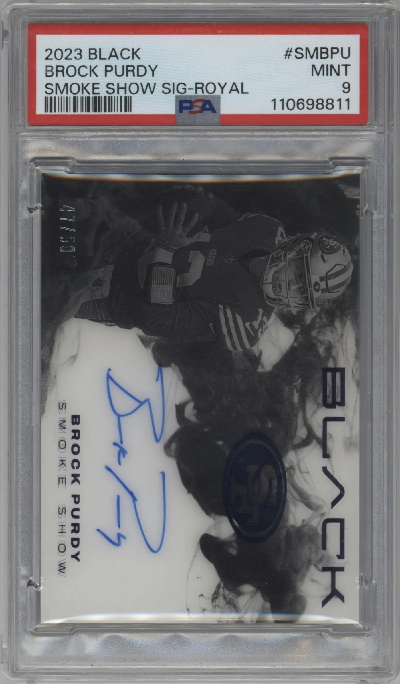 2023 Panini Black Smoke Show Sig. Brock Purdy Royal #SM-BPU PSA 9