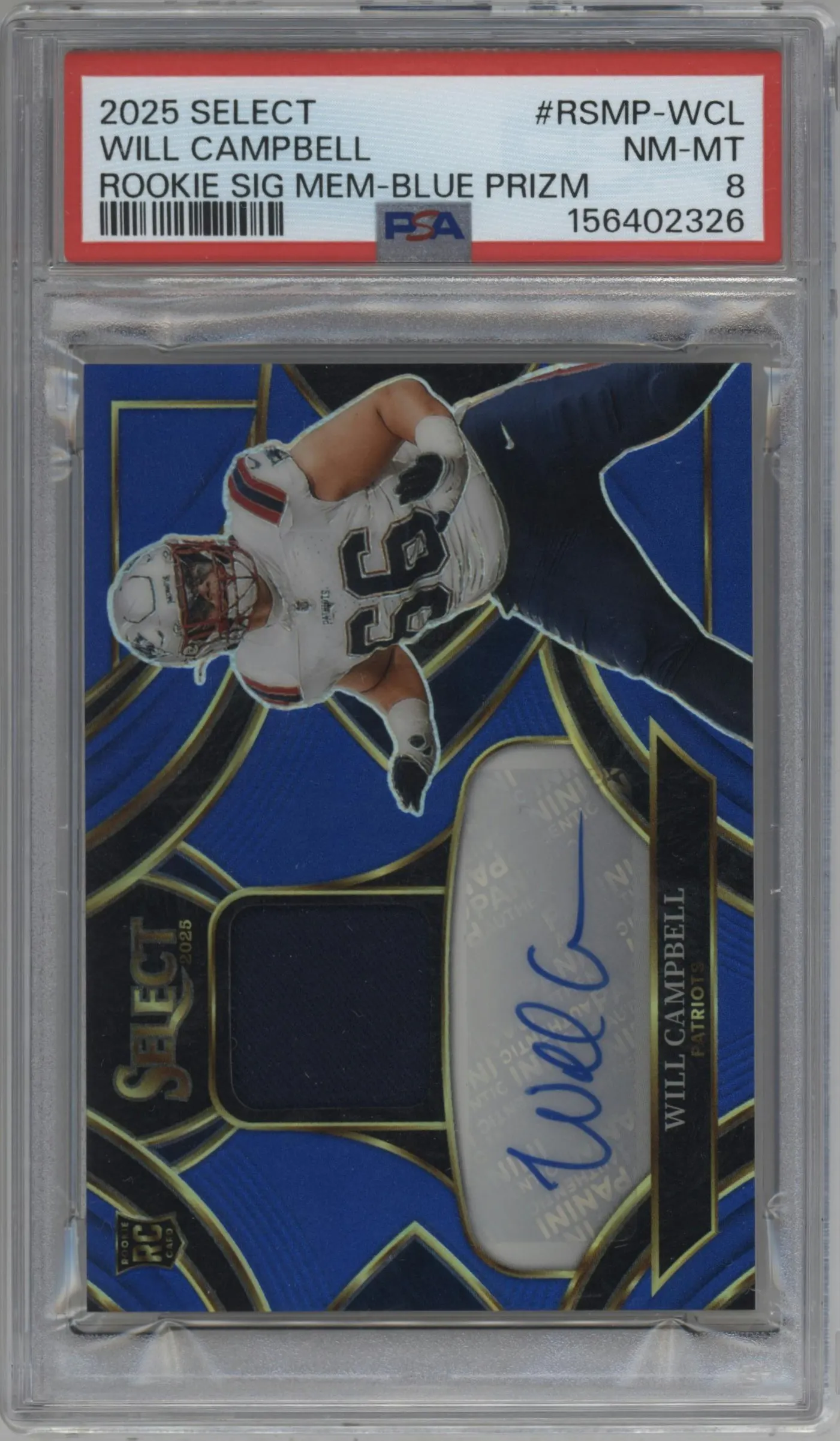 2025 Panini Select Rke.Sig.Mem. Will Campbell Blue Prizm #RSMP-WCL PSA 8