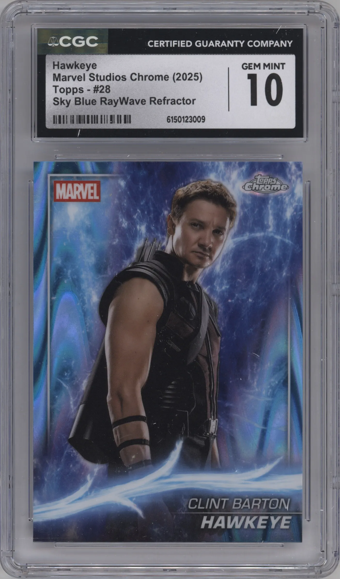 2025 Topps Chrome Marvel Studios Hawkeye Sky Blue RayWave Refractor #28 CGC 10