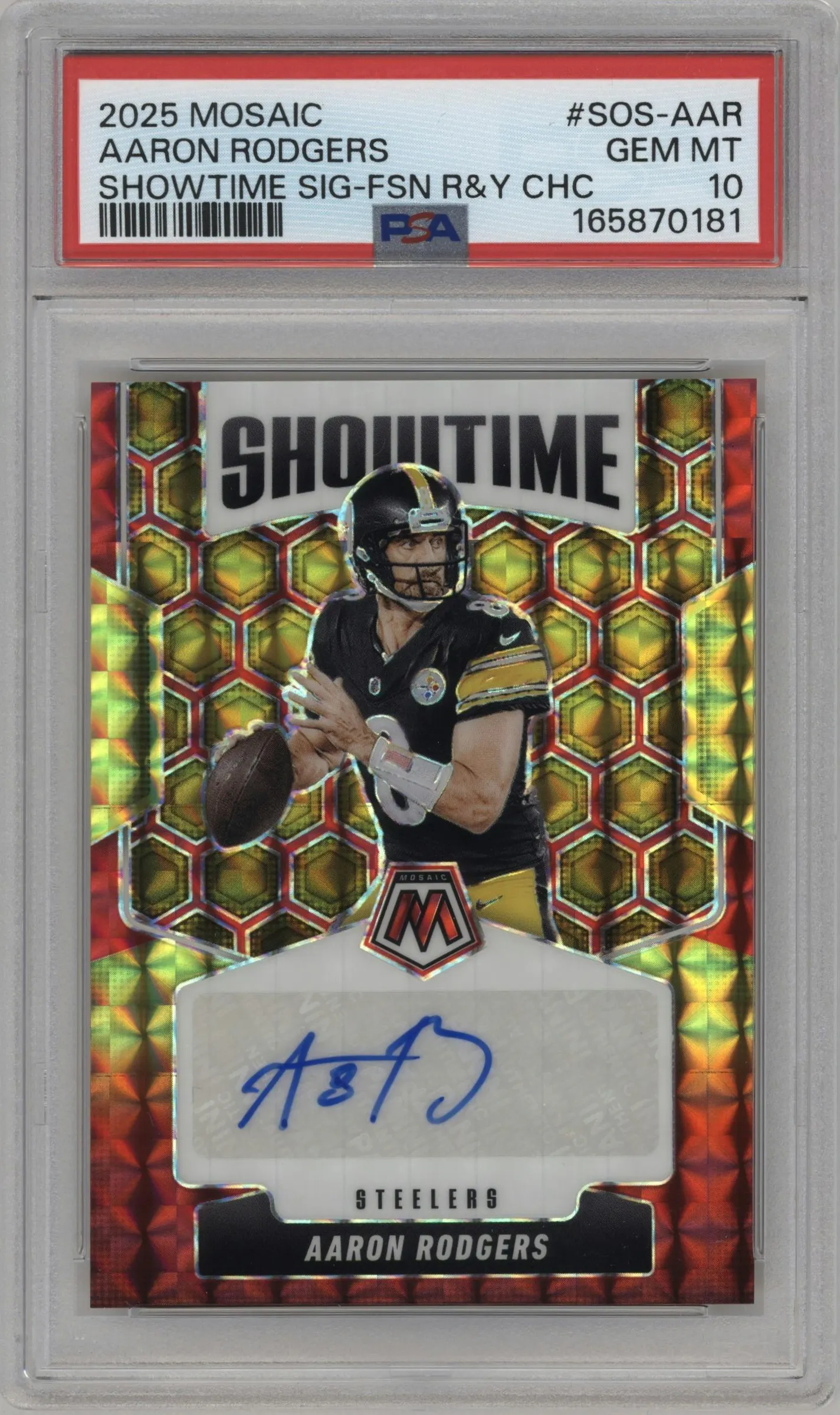 2025 Panini Mosaic Showtime Sig. Aaron Rodgers Choice Fusion Red and Yellow #SOS-AAR PSA 10