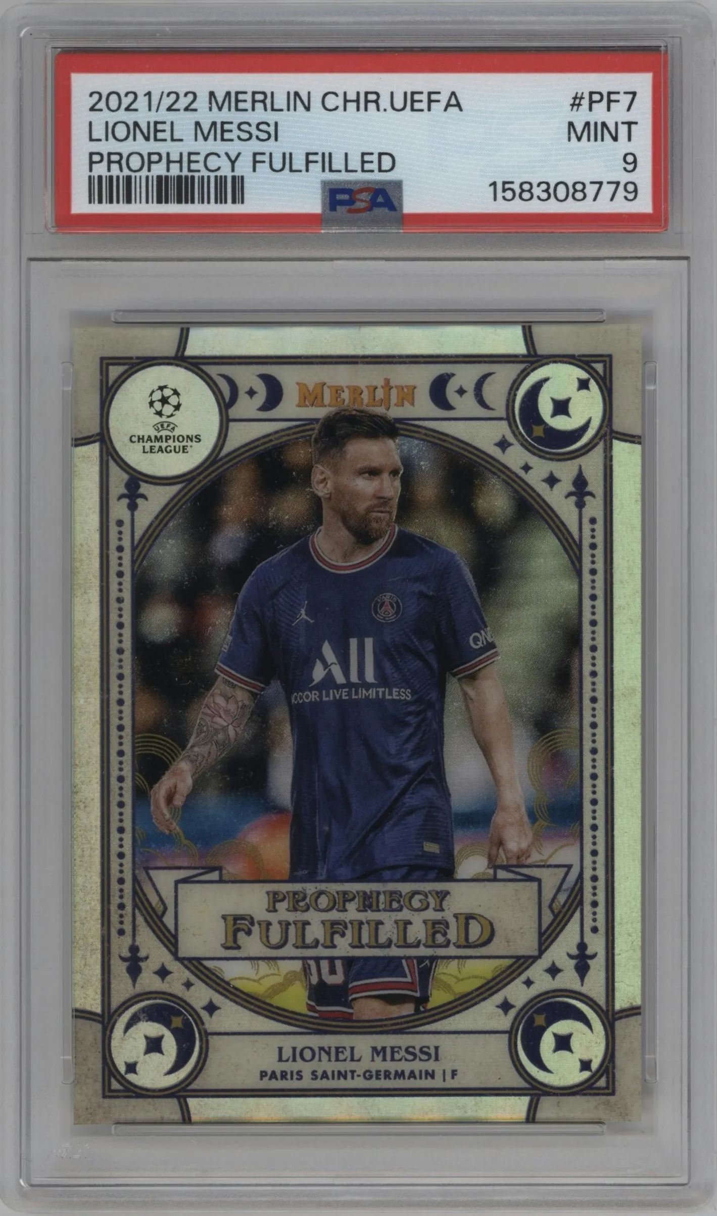 2021 Topps Merlin Chrome UEFA League Prophecy Fulfilled Lionel Messi #PF-7 PSA 9