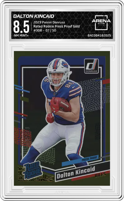 2023 Panini Donruss Rated Rookie Dalton Kincaid Press Proof Gold #308 ARENA CLUB 8.5