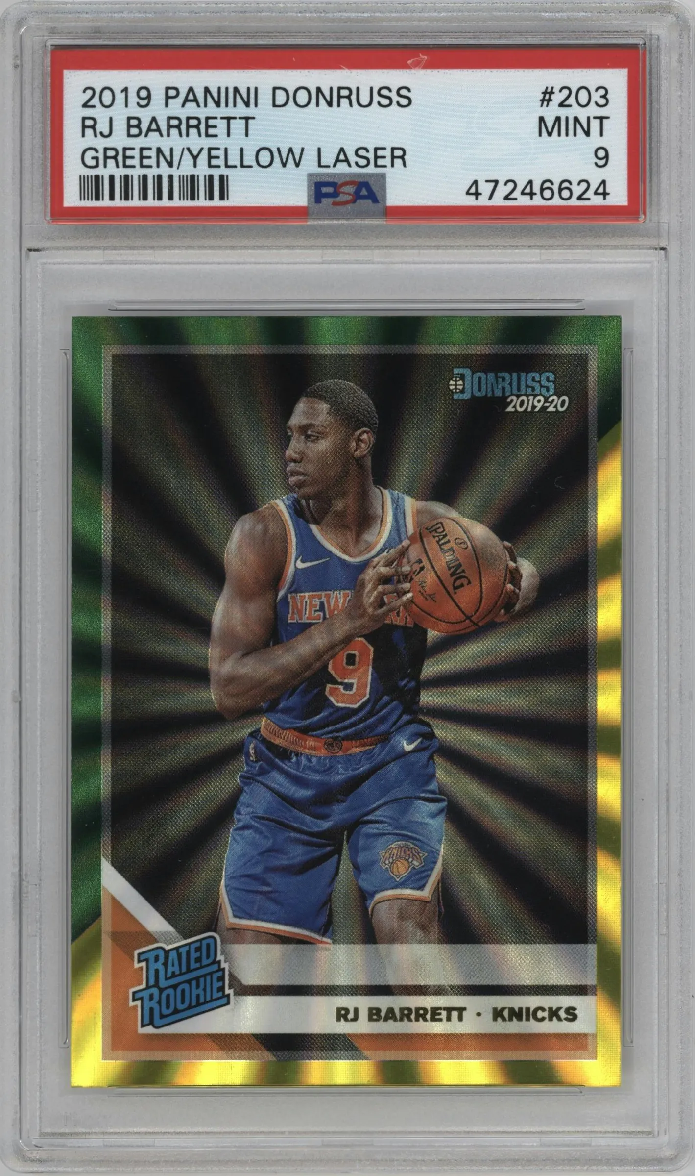 2019 Panini Donruss Rated Rookie RJ Barrett Green/Yellow Laser #203 PSA 9
