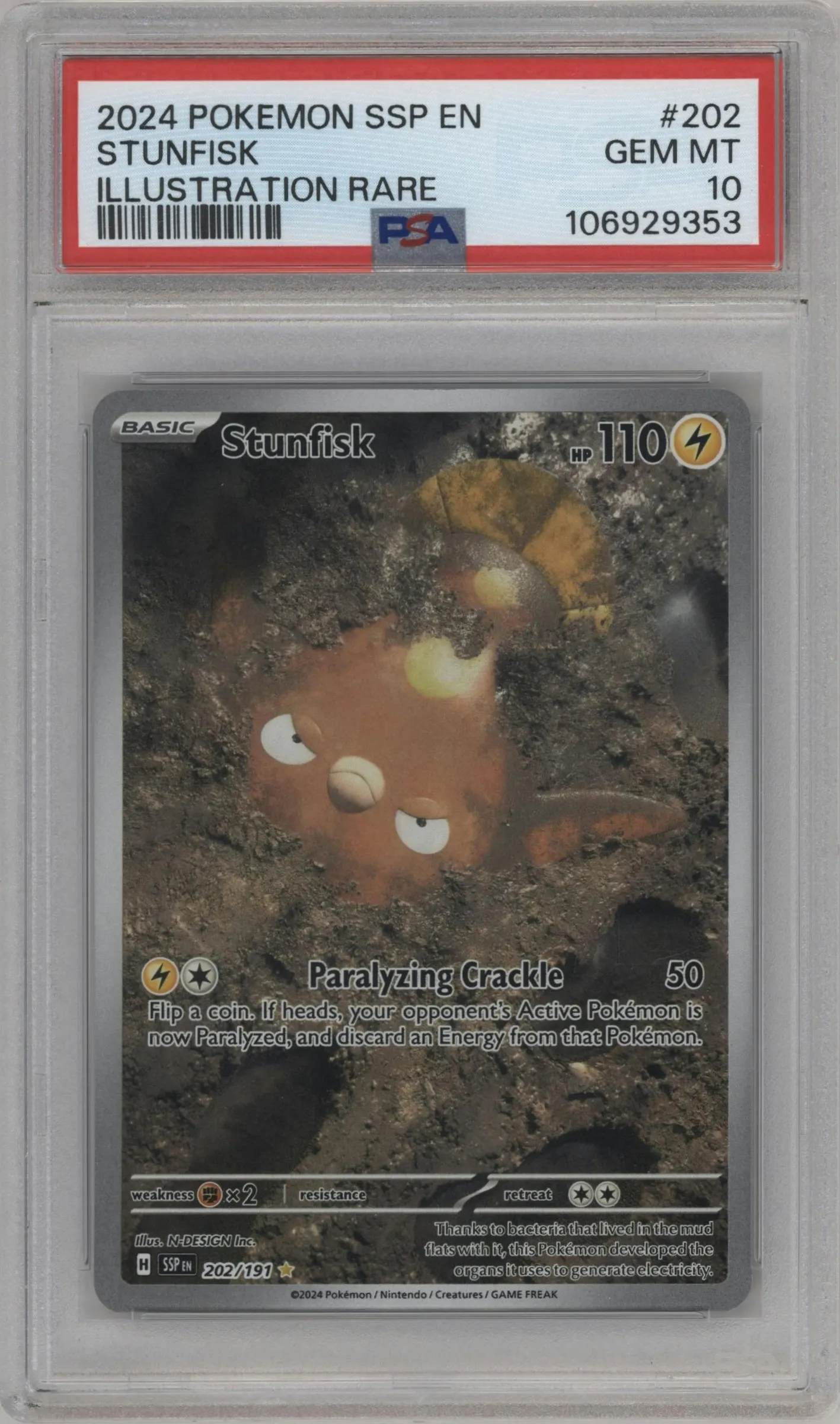 2024 Pokemon SV Surging Sparks Stunfisk #202 PSA 10