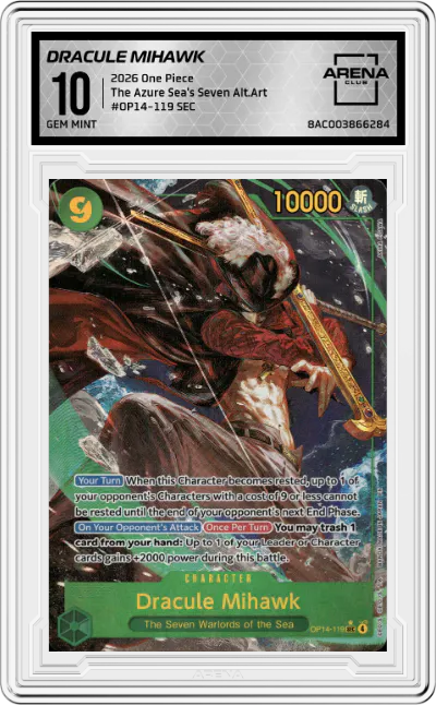 2026 One Piece The Azure Sea's Seven Dracule Mihawk Alternate Art SEC #OP14-119 SEC ARENA CLUB 10