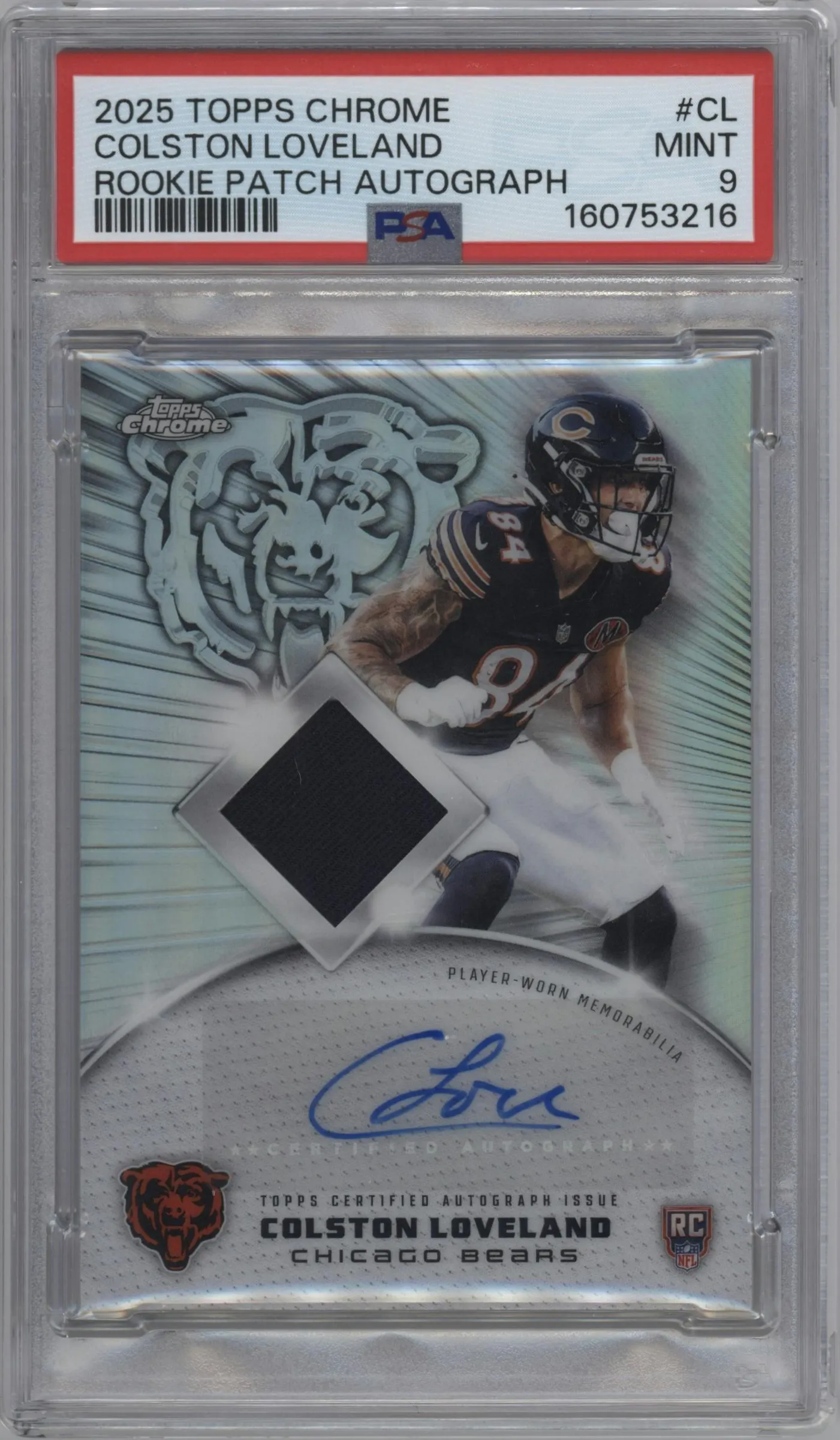 2025 Topps Chrome Rookie Patch Auto Colston Loveland #RPA-CL PSA 9