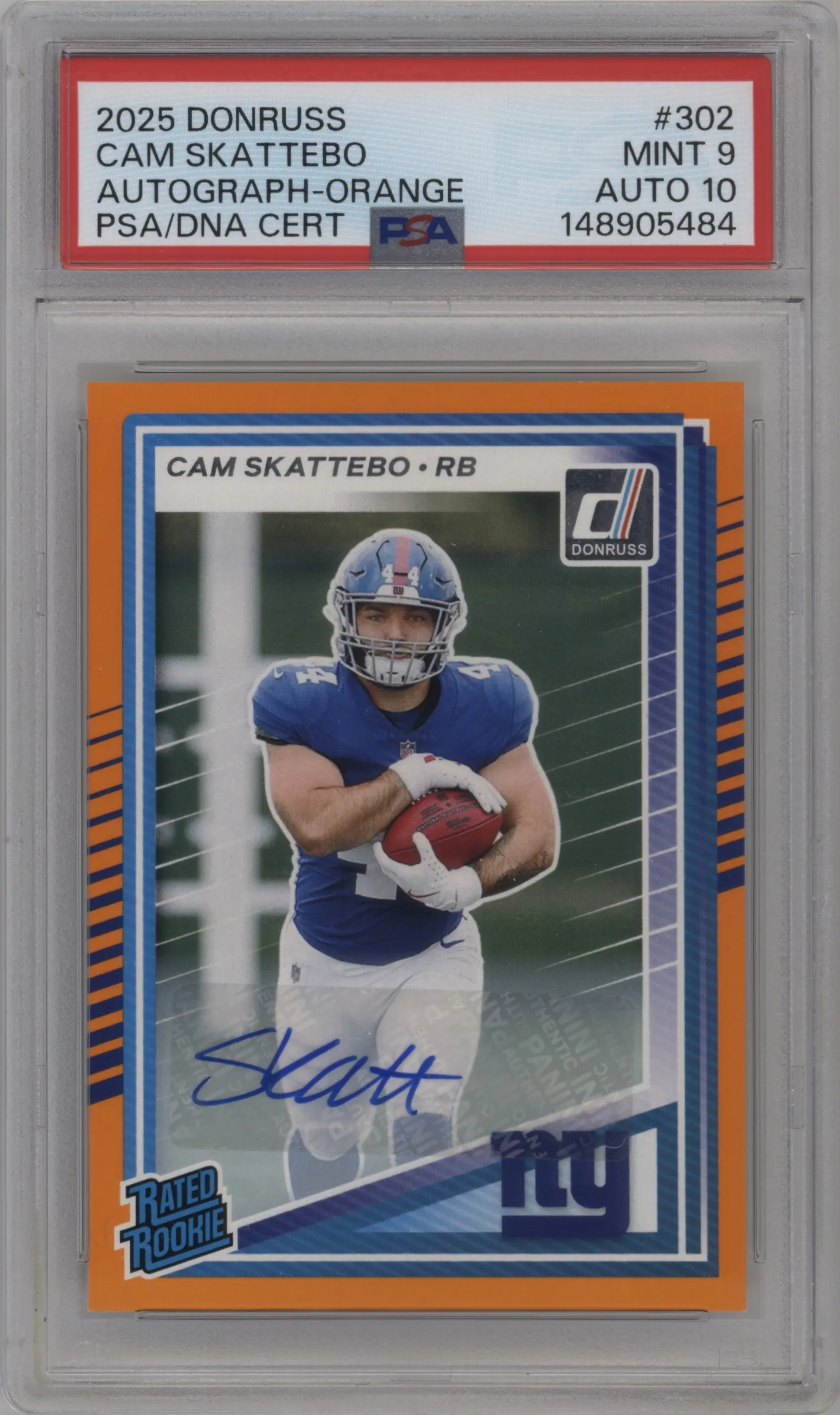 2025 Panini Donruss Rtd.Rke.Auto Cam Skattebo Orange #302 PSA 9