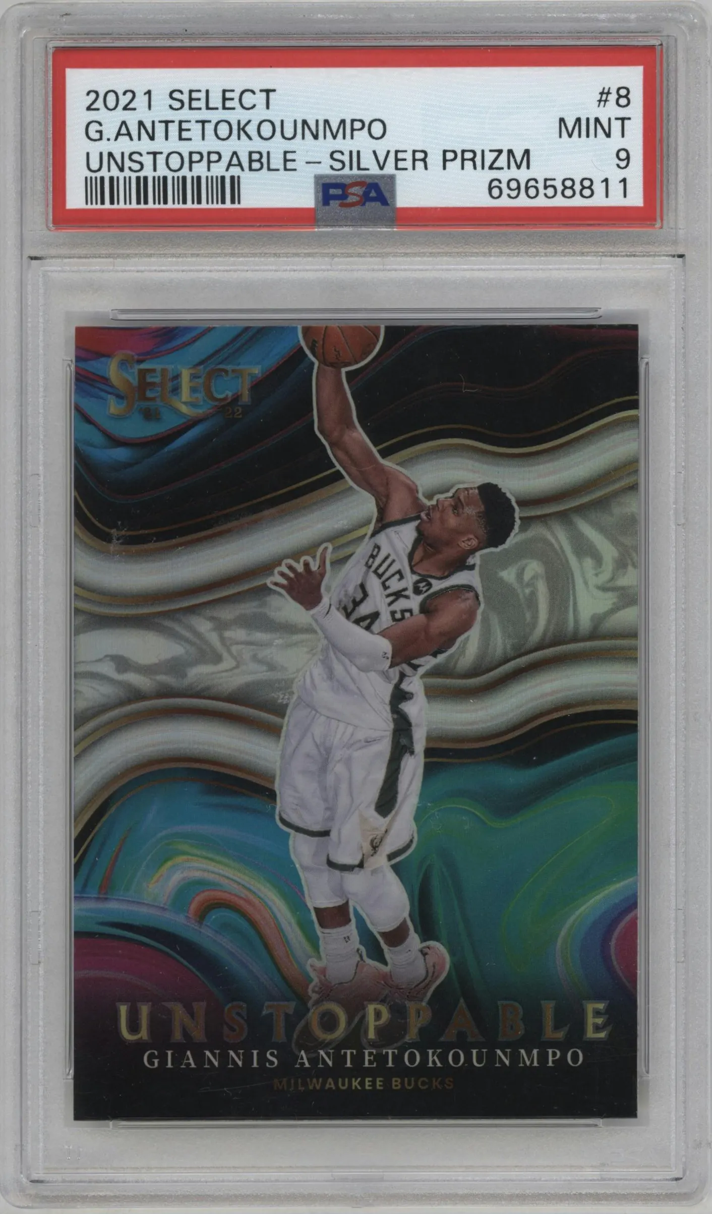 2021 Panini Select Unstoppable Giannis Antetokounmpo Silver Prizm PSA 9