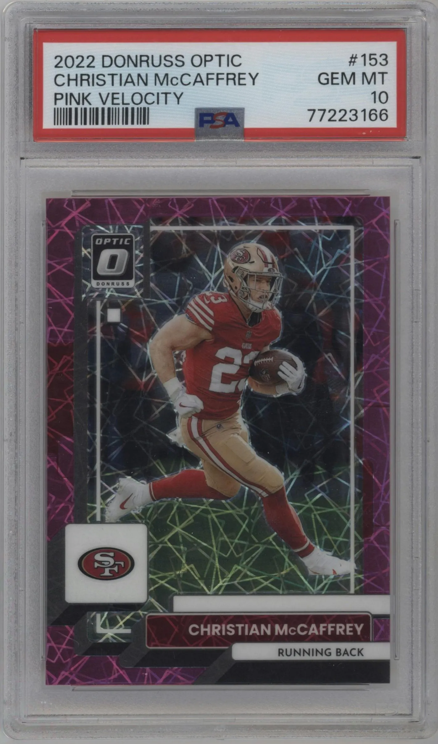 2022 Panini Donruss Optic Christian McCaffrey Pink Velocity #153 PSA 10