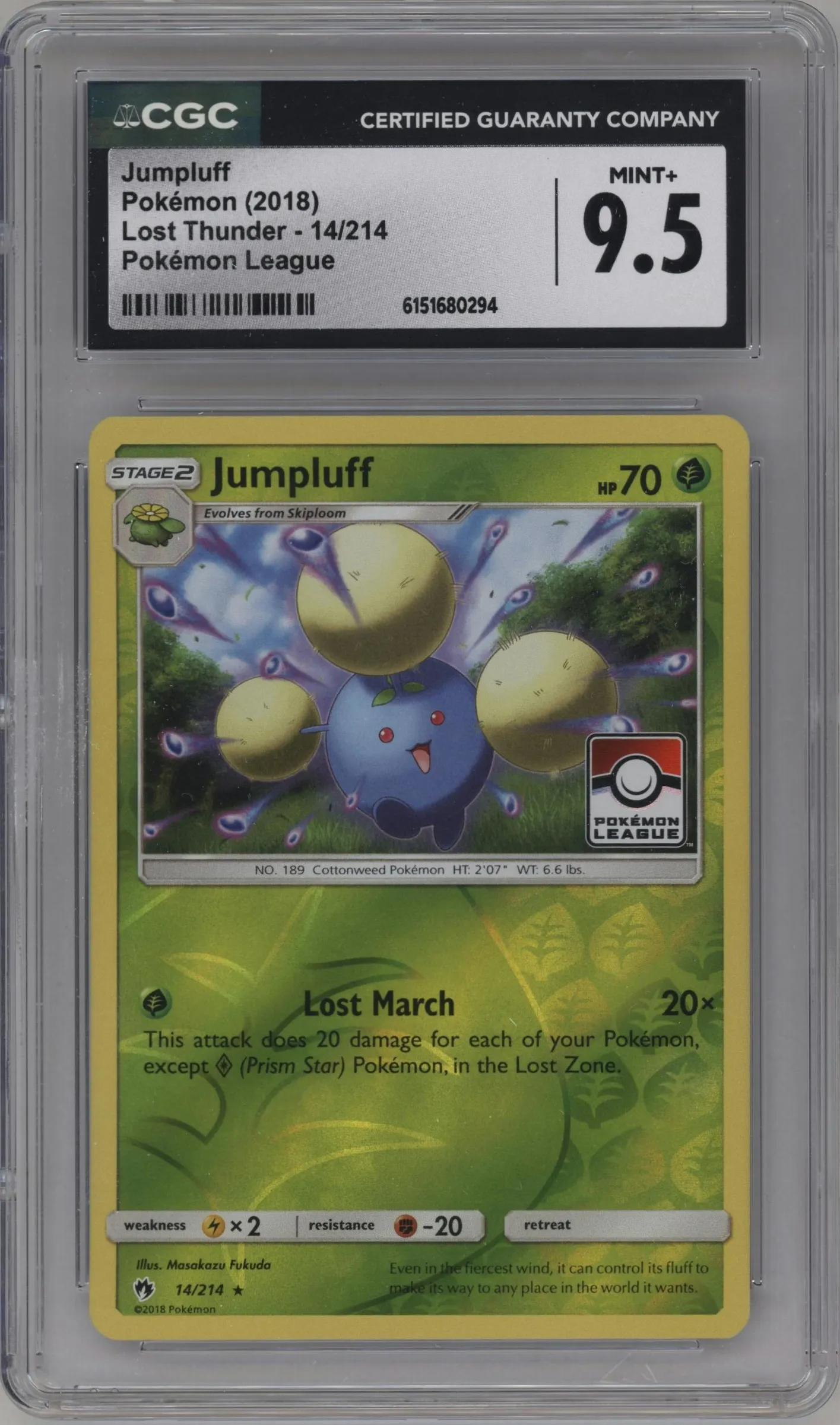 2018 Pokemon S&M Lost Thunder Jumpluff Pokemon League #14 CGC 9.5