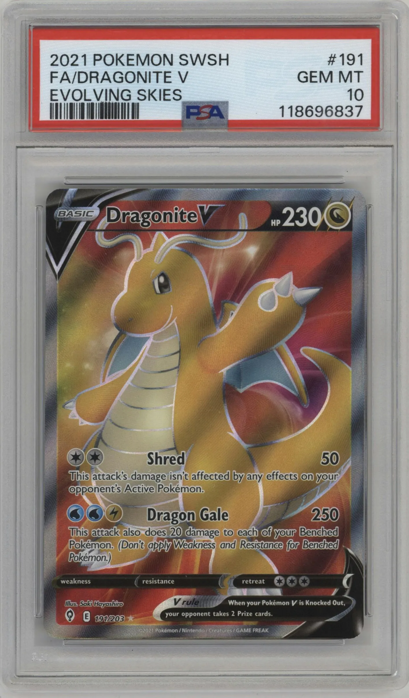 2021 Pokemon SWSH Evolving Skies Dragonite V #191 PSA 10