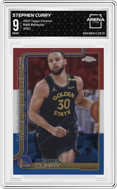 2025 Topps Chrome Stephen Curry Red/White/Blue Refractor #201 ARENA CLUB 9