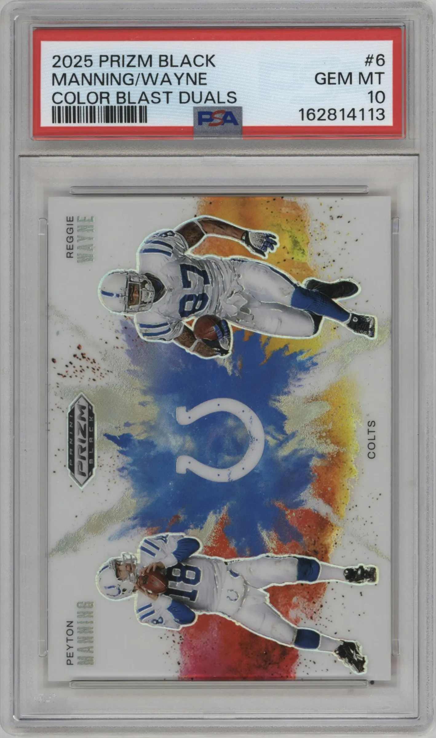 2025 Panini Prizm Black Color Blast Duals Peyton Manning/Reggie Wayne #6 PSA 10