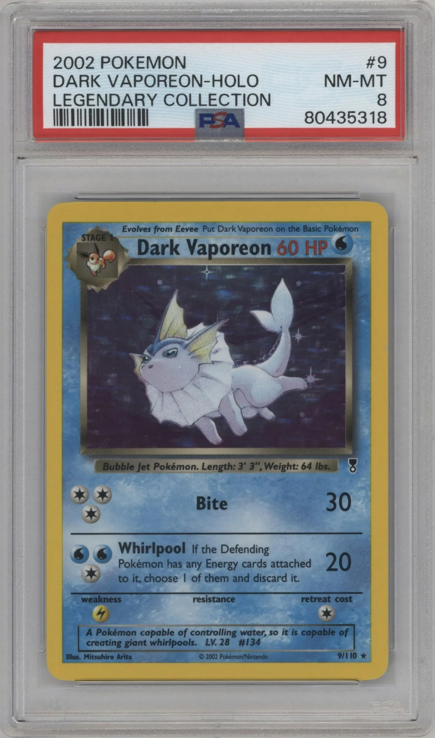 2002 Pokemon Legendary Collection Dark Vaporeon #9 PSA 8