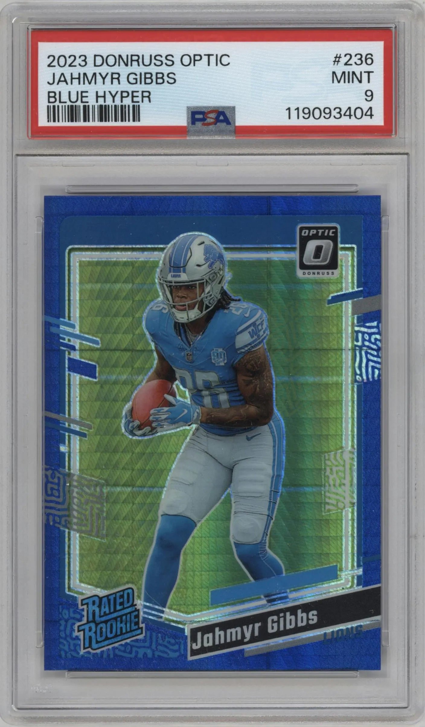 2023 Donruss Optic Rated Rookie Jahmyr Gibbs Hyper Blue #236 PSA 9