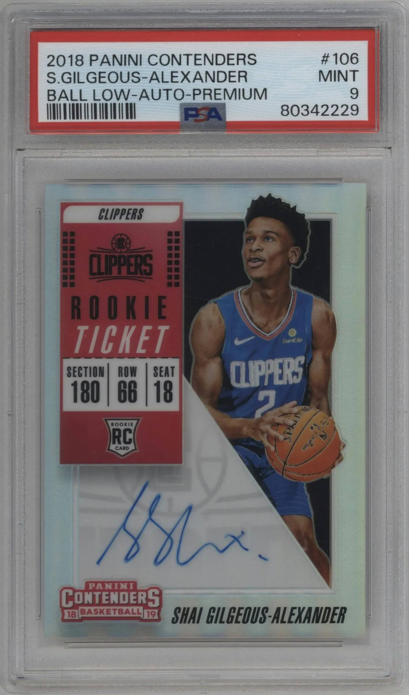 2018 Panini Contenders Rke.Tkt.Auto Shai Gilgeous-Alexander Ticket Premium #106 PSA 9