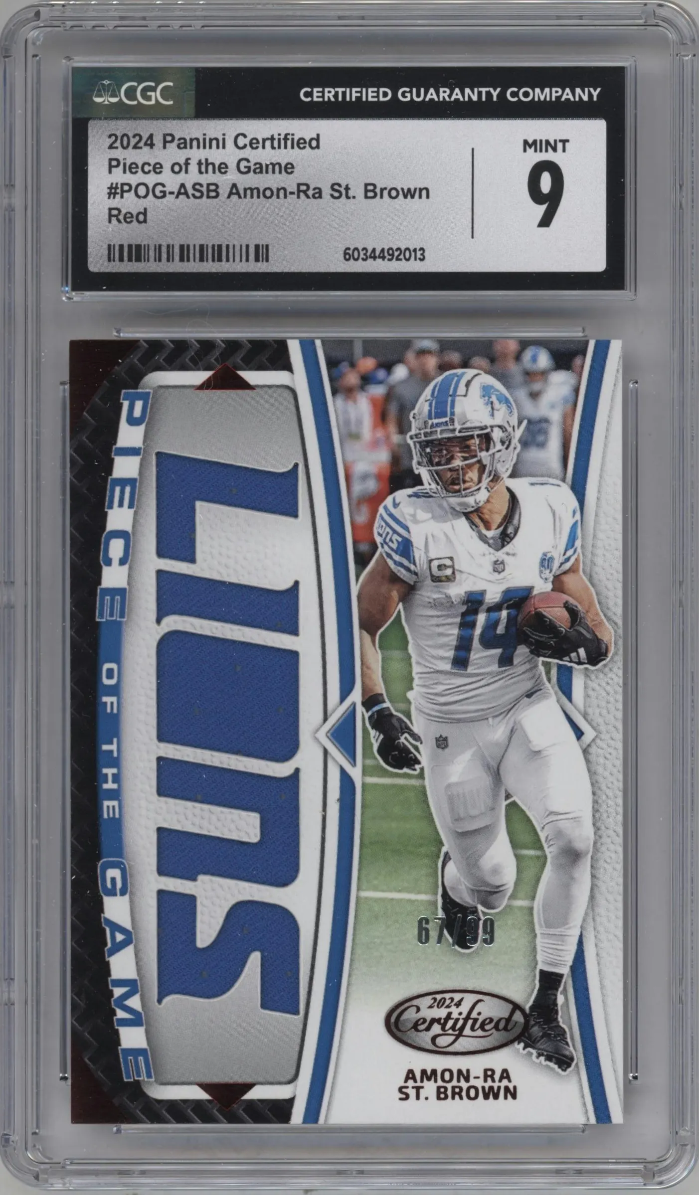 2024 Panini Certified Piece of the Game Amon-Ra St. Brown Red #POG-ASB CGC 9