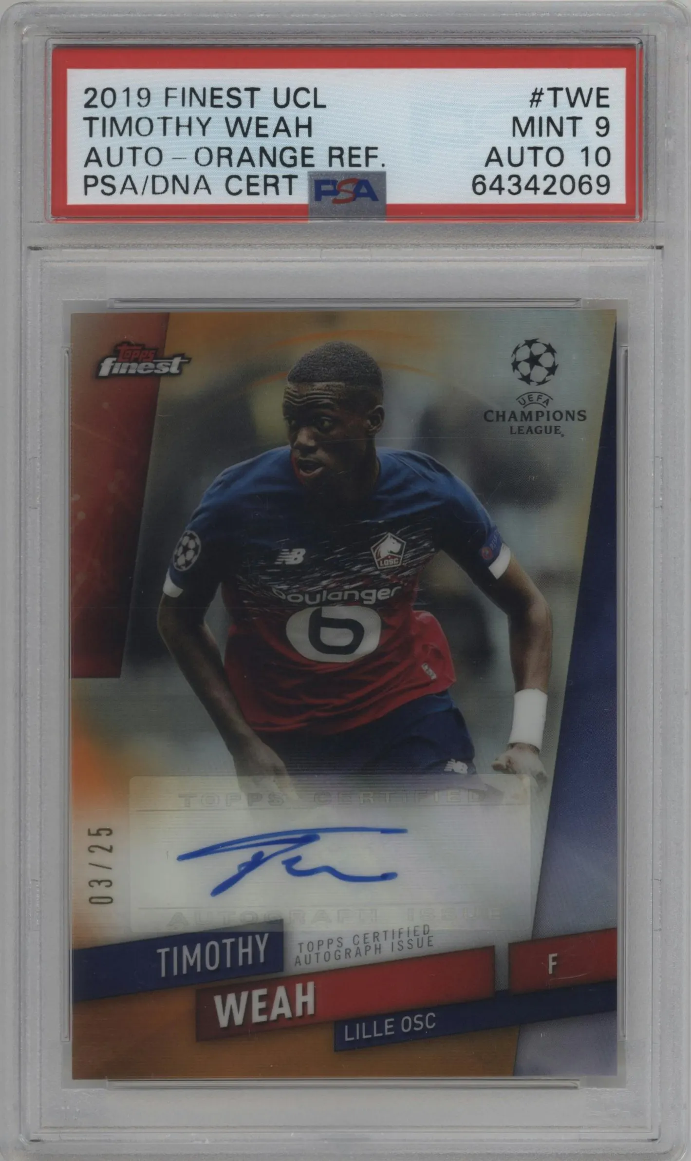 2019 Topps Finest UEFA Champions League Finest Auto Timothy Weah Orange Refractor PSA 9
