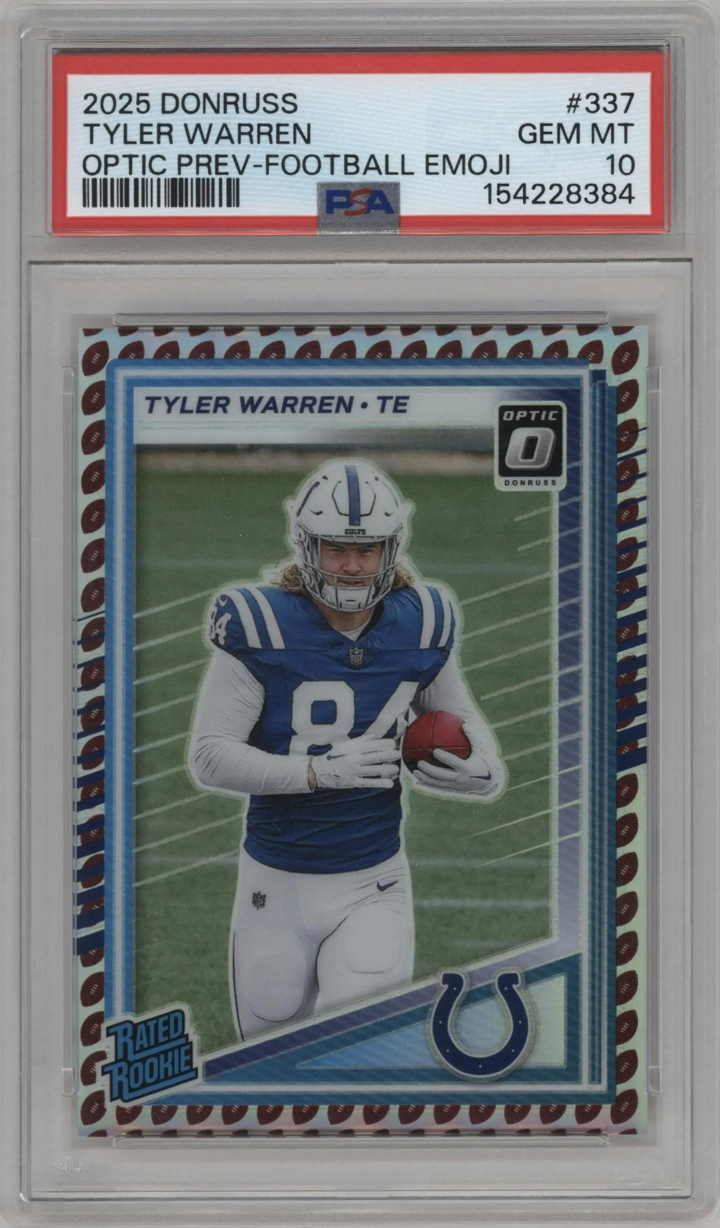 2025 Panini Donruss Opt.Rtd.Rke.Prev. Tyler Warren Football Emoji #337 PSA 10