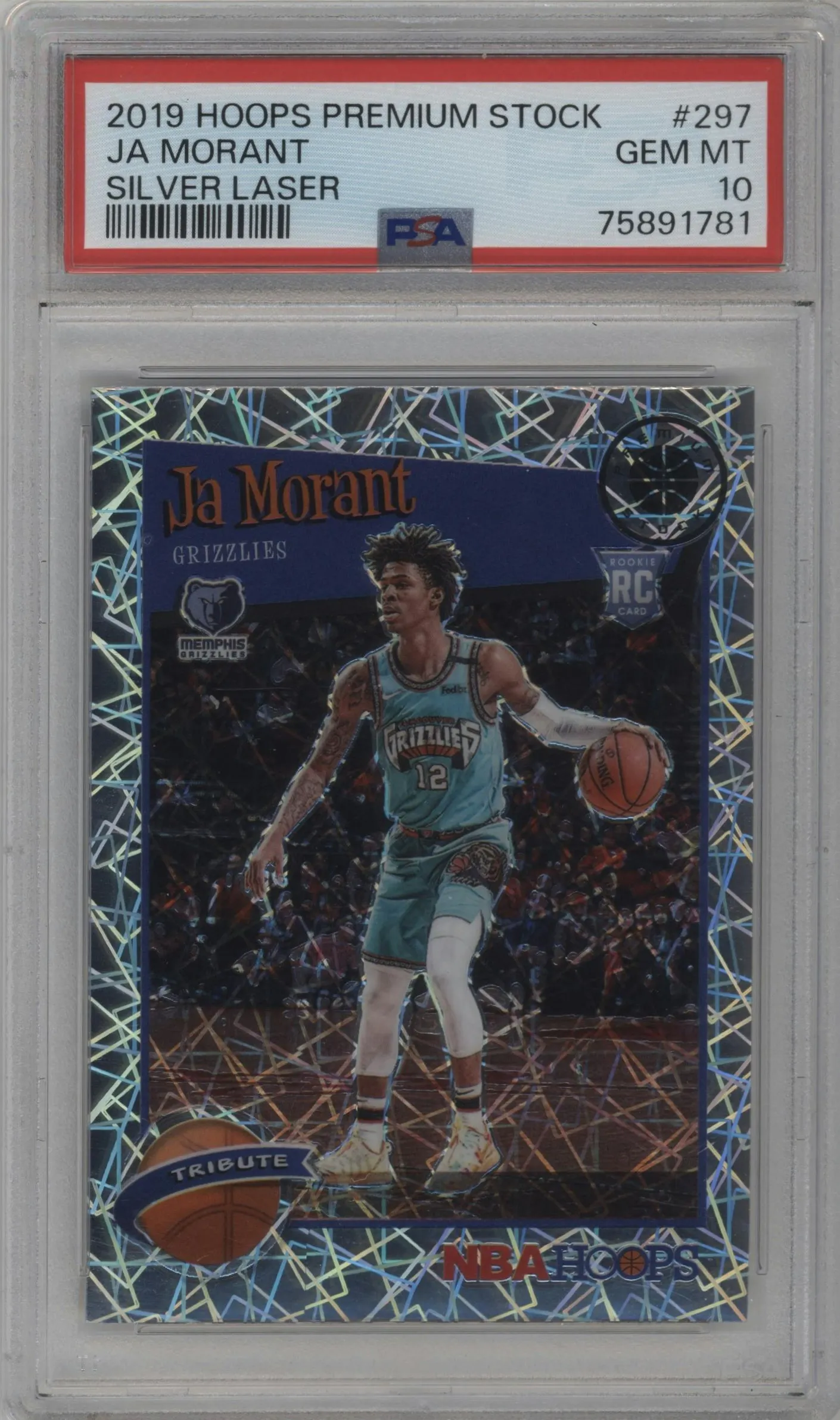 2019 Panini Hoops Premium Stock Tribute Ja Morant Silver Laser #297 PSA 10