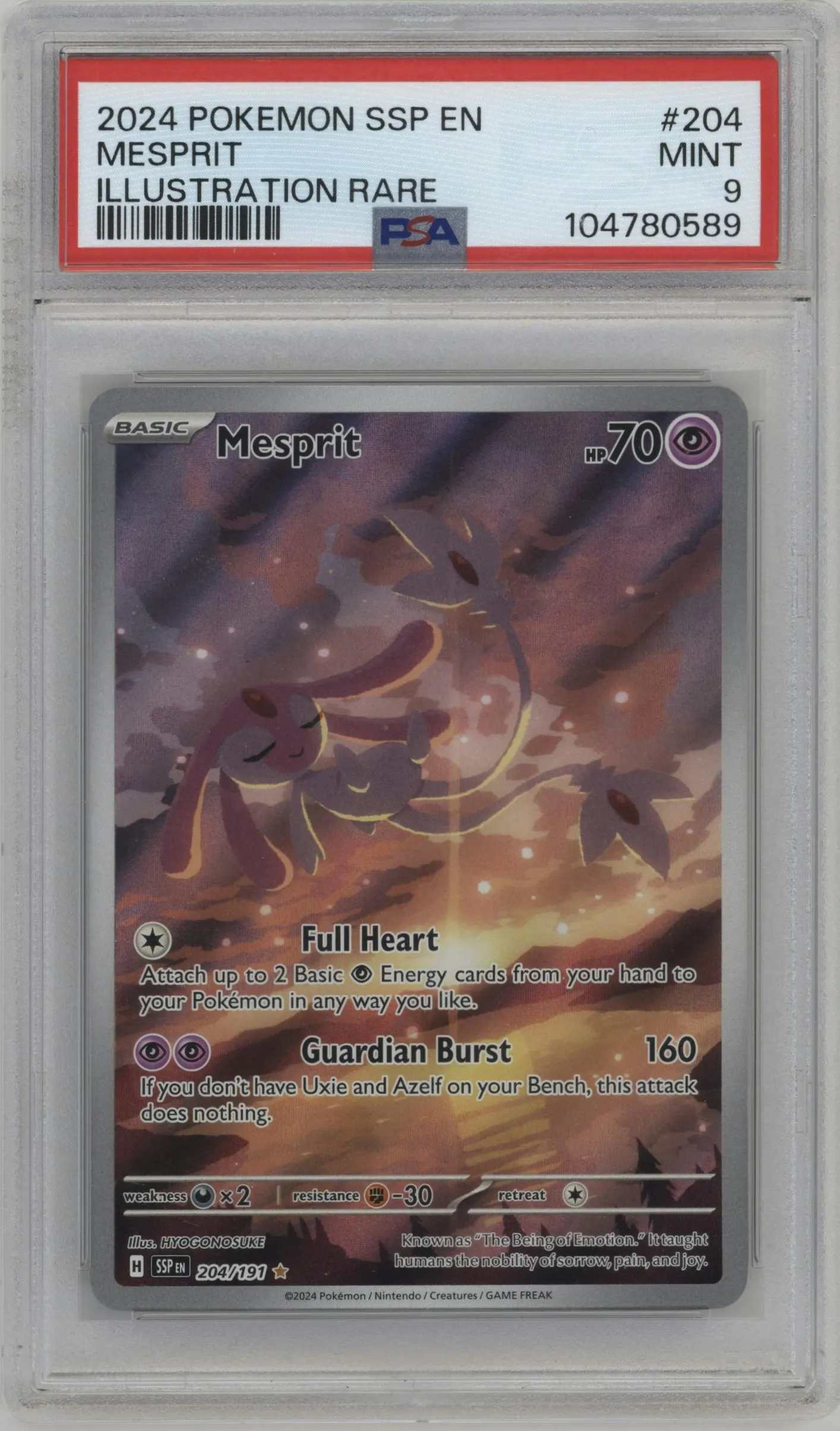 2024 Pokemon SV Surging Sparks Mesprit #204 PSA 9