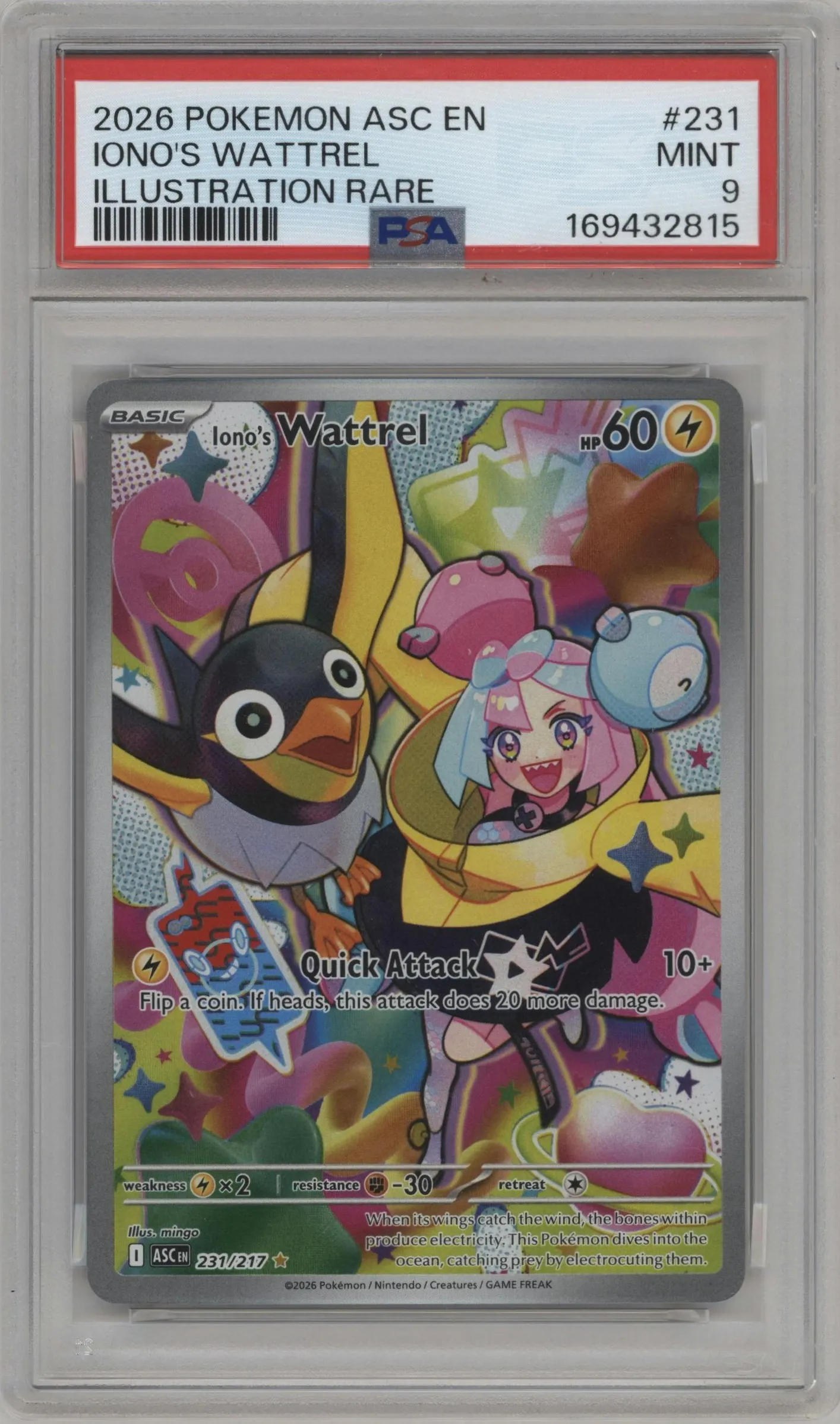 2026 Pokemon Mega Evolution Ascended Heroes Iono's Wattrel #231 PSA 9