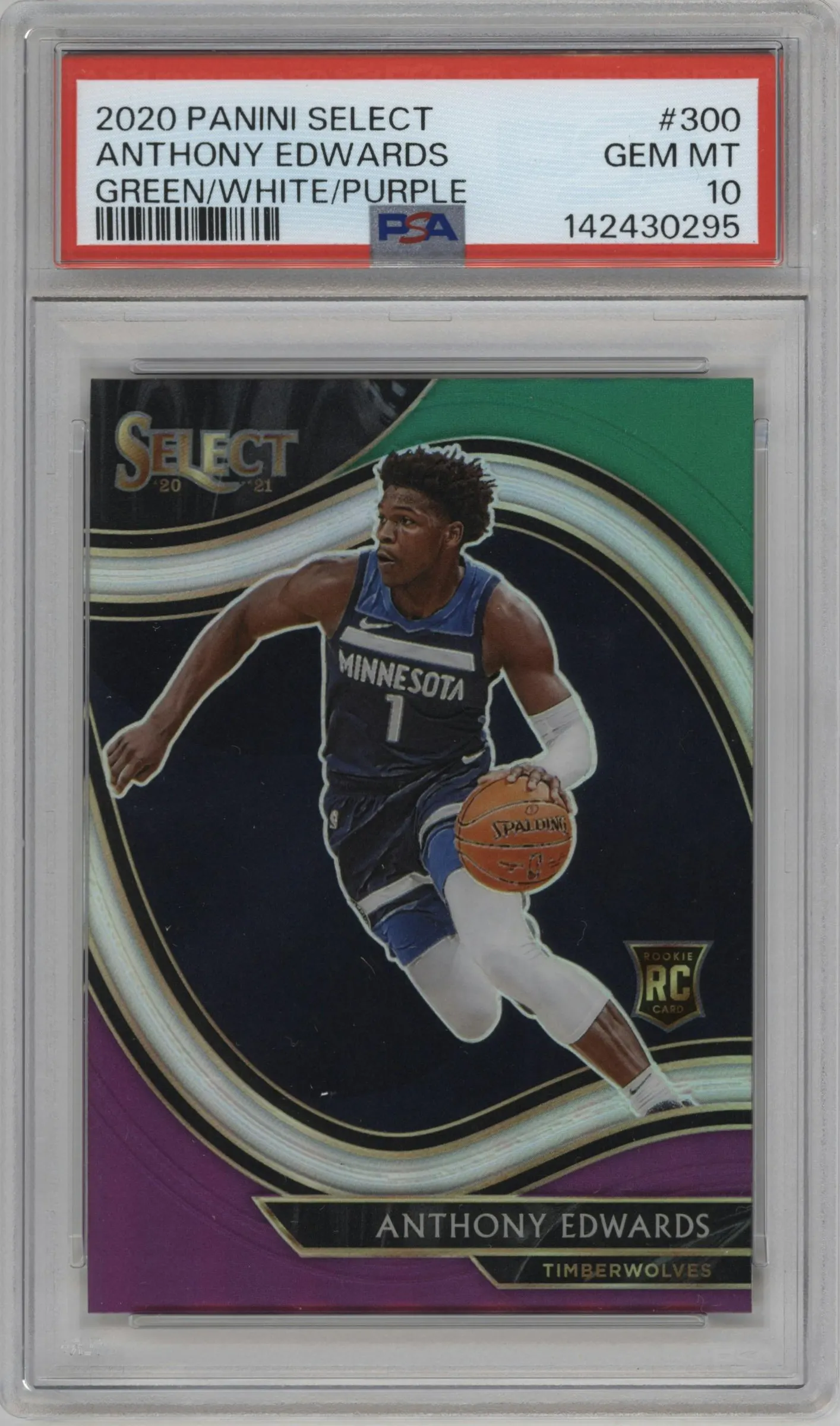2020 Panini Select Courtside Anthony Edwards Green/White/Purple Prizm PSA 10