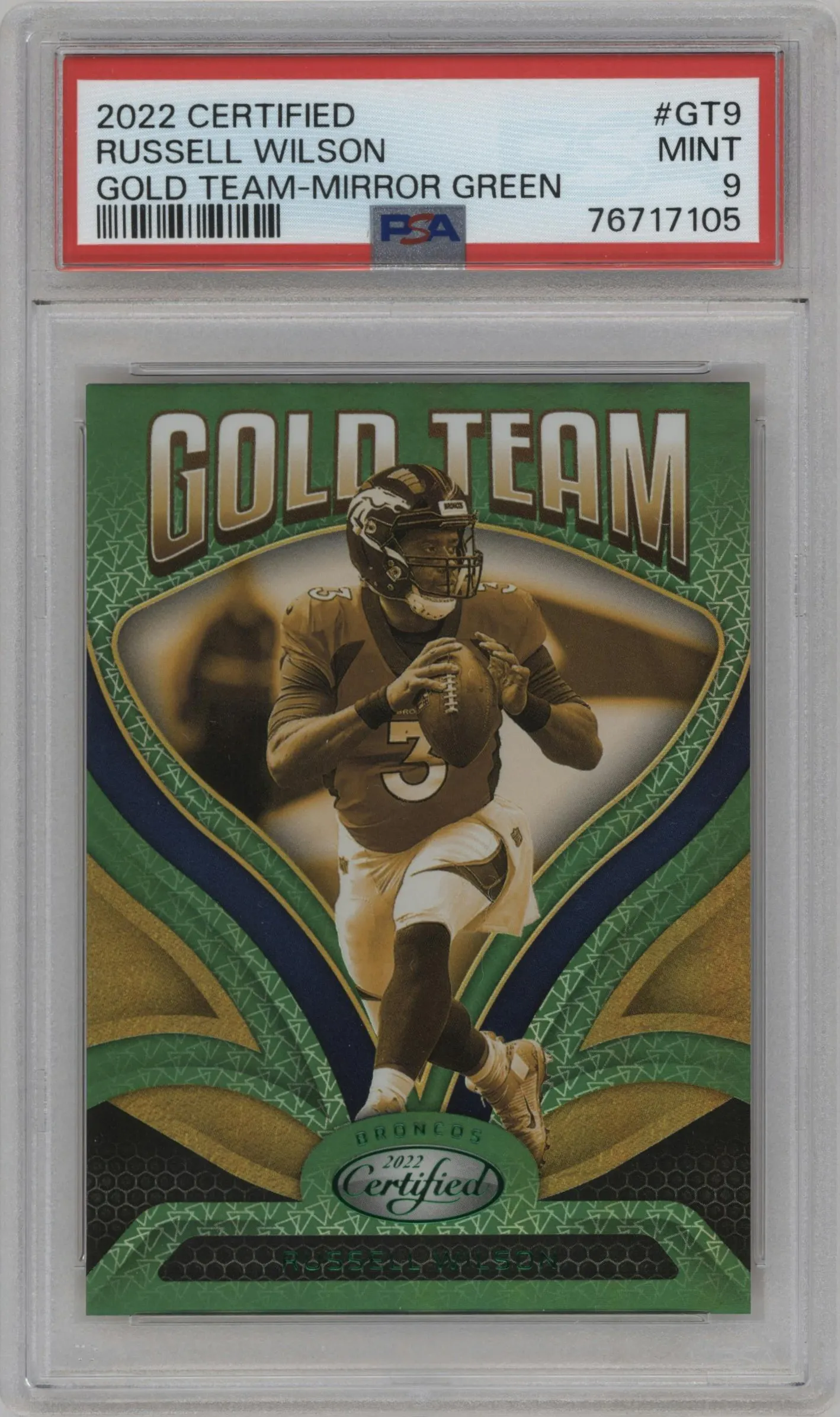2022 Panini Certified Gold Team Russell Wilson Mirror Green #GT-9 PSA 9