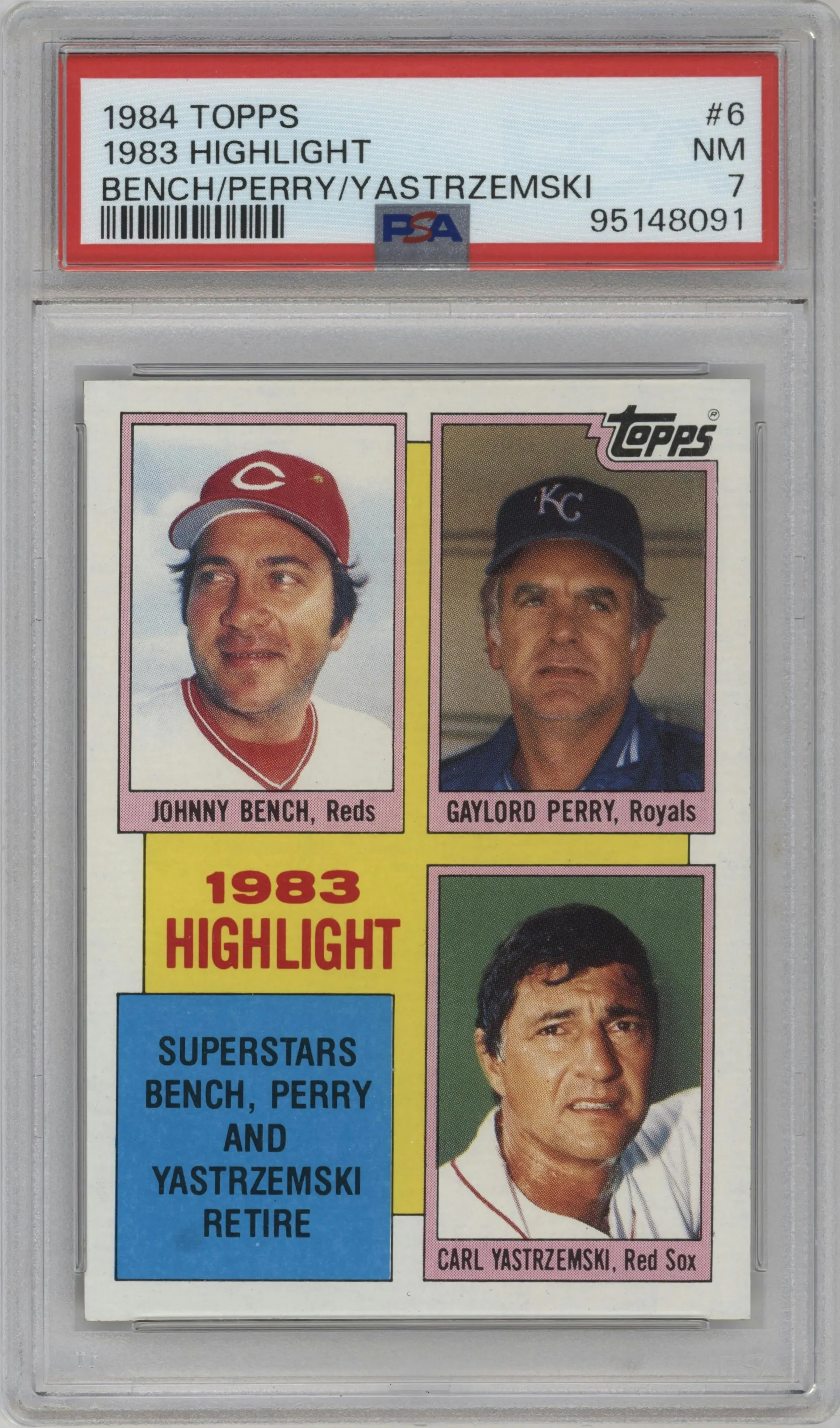 1984 Topps Johnny Bench/Gaylord Perry/Carl Yastrzemski HL #6 PSA 7