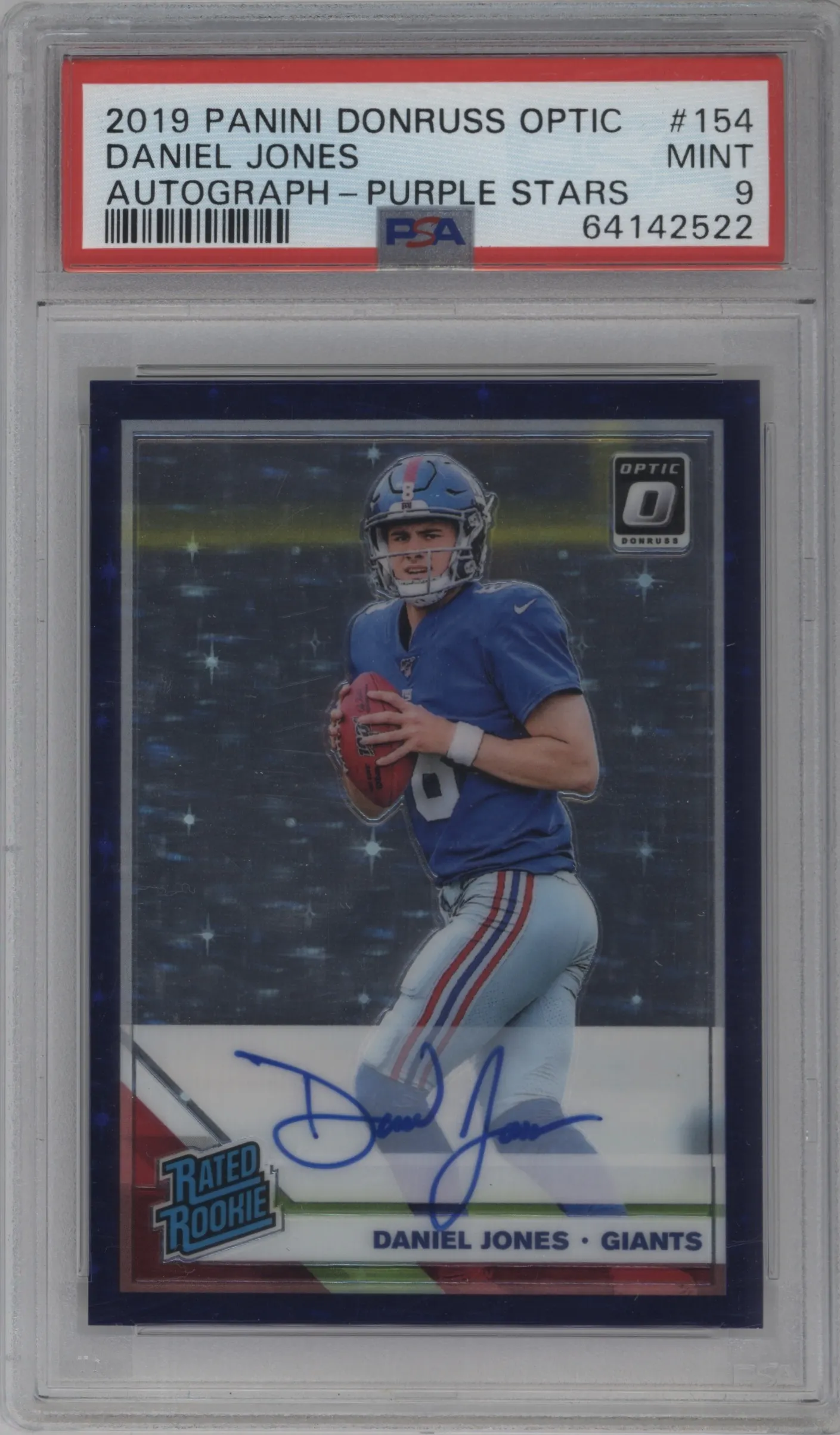 2019 Panini Donruss Optic Rtd.Rke.Auto Daniel Jones Purple Stars PSA 9