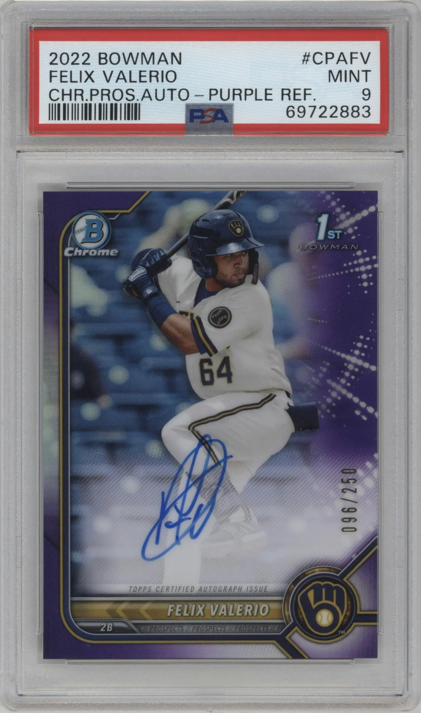 2022 Bowman Chr.Pros.Auto Felix Valerio Purple Refractor #CPA-FV PSA 9