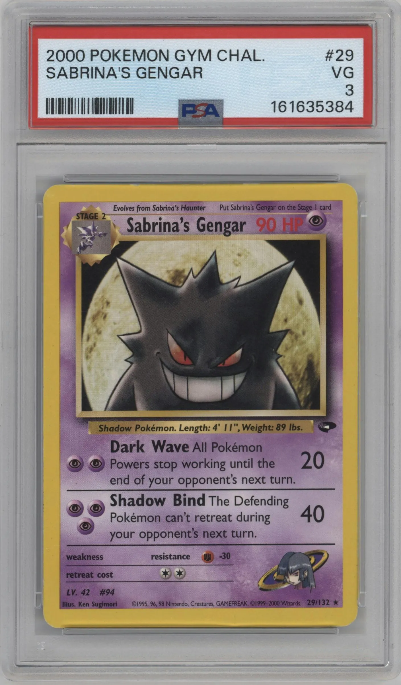 2000 Pokemon GH Gym Challenge Sabrina's Gengar PSA VERY GOOD 3 #29 PSA 3