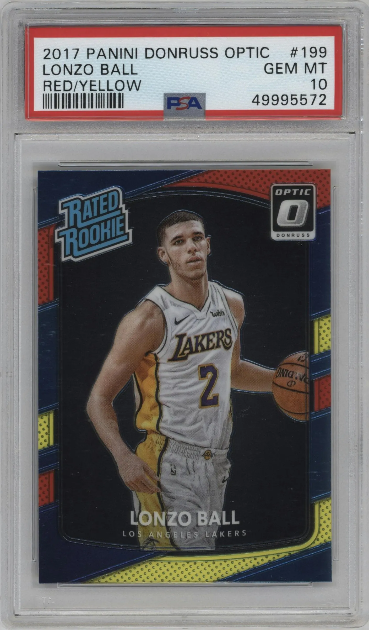 2017 Panini Donruss Optic Rated Rookie Lonzo Ball Red/Yellow #199 PSA 10