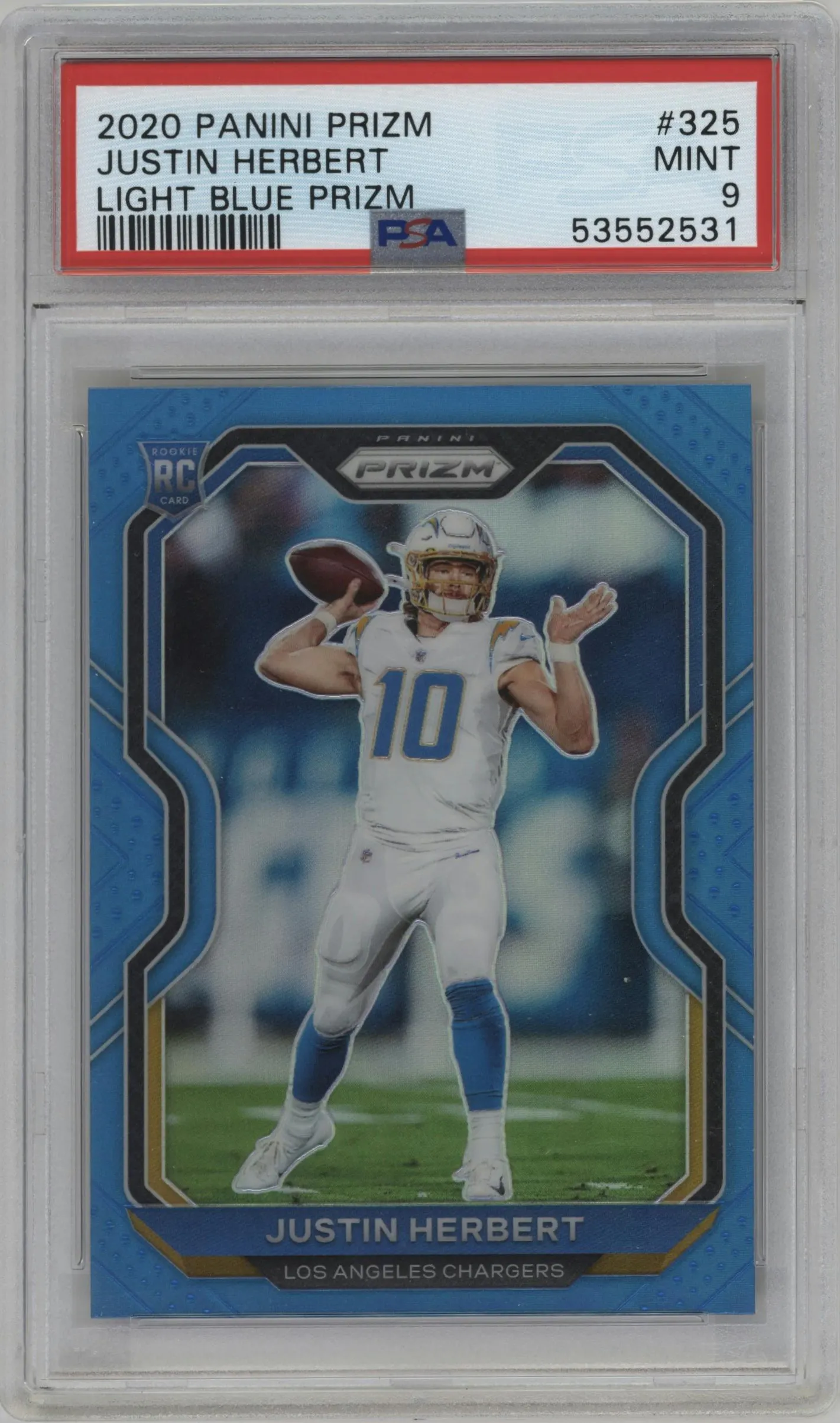 2020 Panini Prizm Justin Herbert Light Blue Prizm #325 PSA 9