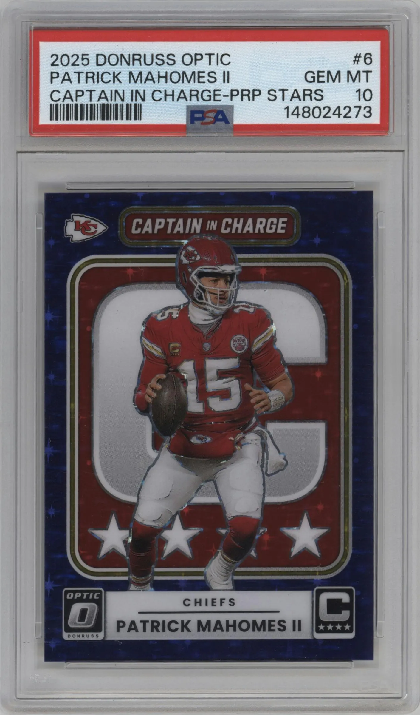 2025 Donruss Optic Captain in Charge Patrick Mahomes II Purple Stars PSA 10