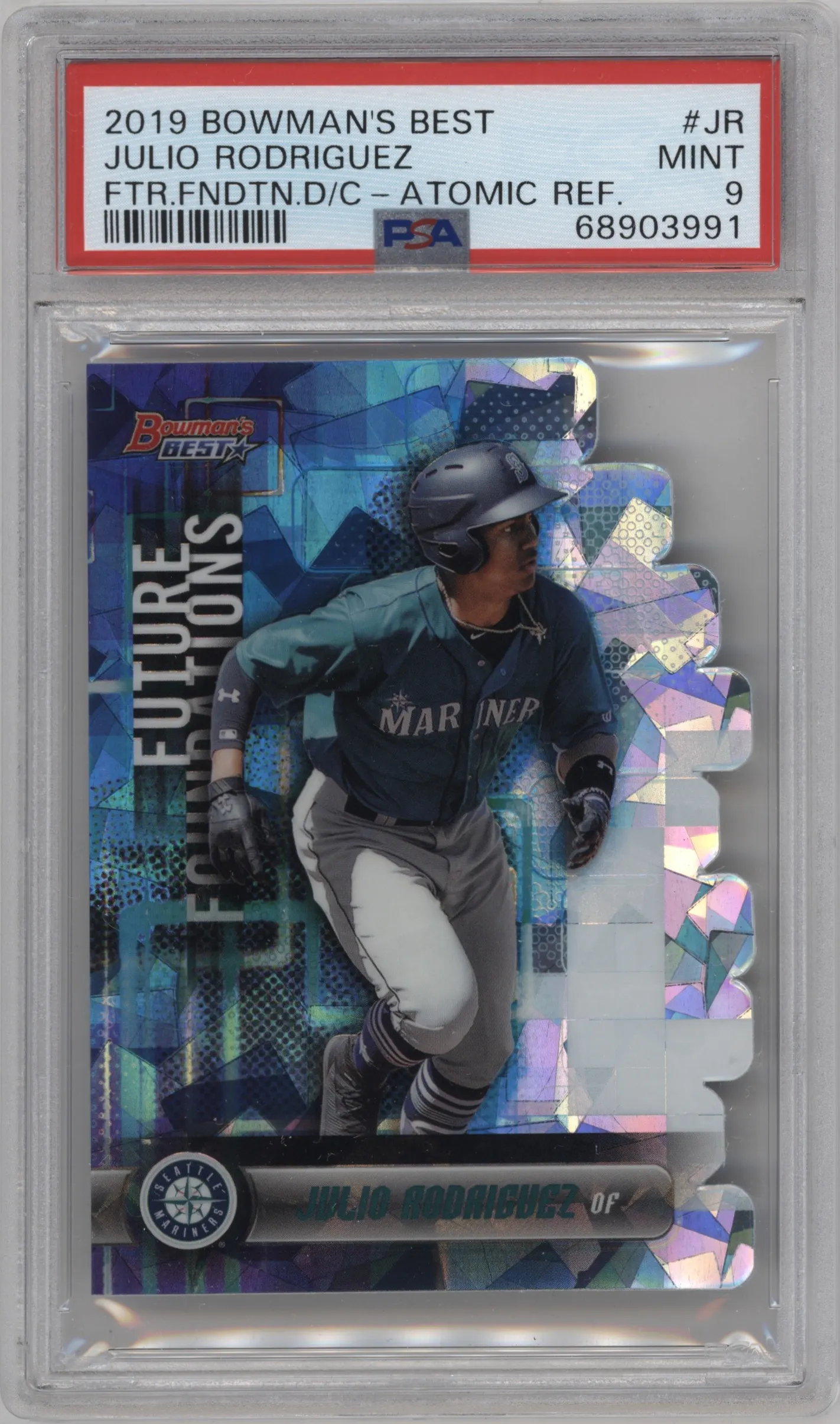 2019 Bowman’s Best Future Foundations Die-Cut Julio Rodriguez Atomic Refractor #FFA-JR PSA 9