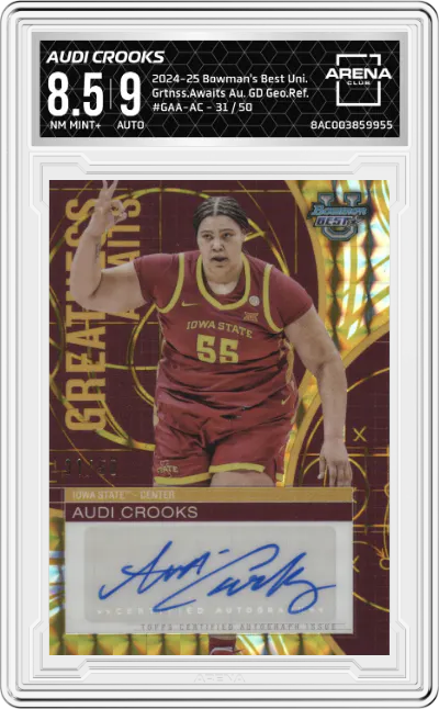 2024 Bowman's Best University Grtnss.Awaits Au. Audi Crooks Gold Geometric Refractors #GAA-AC ARENA CLUB 8.5