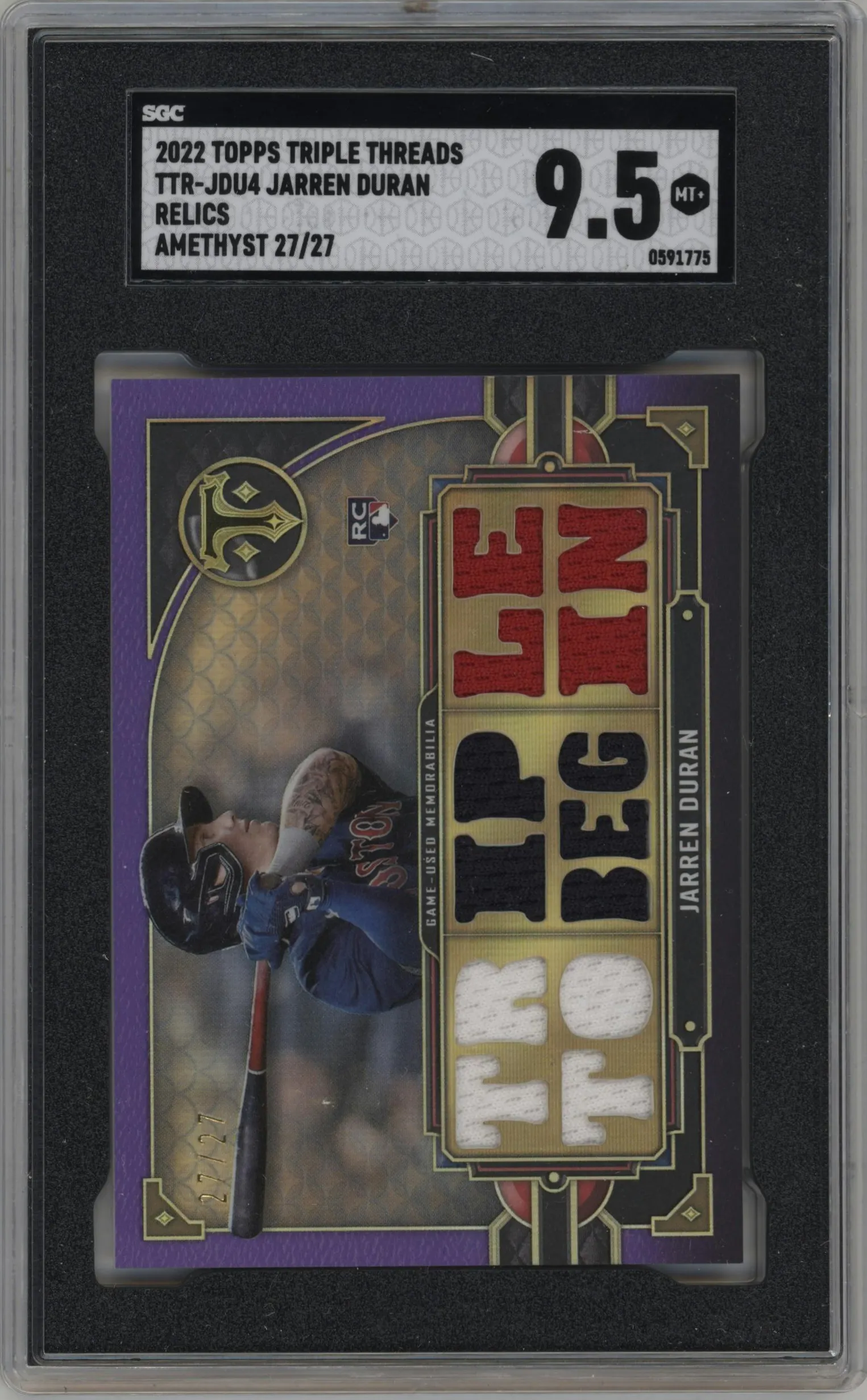2022 Topps Triple Threads Relics Jarren Duran Amethyst #TTR-JDU4 SGC 9.5