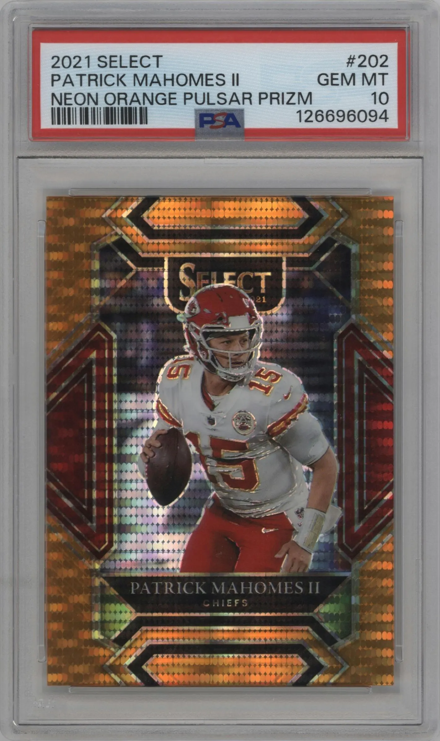 2021 Panini Select Club Lvl. Patrick Mahomes II Neon Orange Pulsar #202 PSA 10